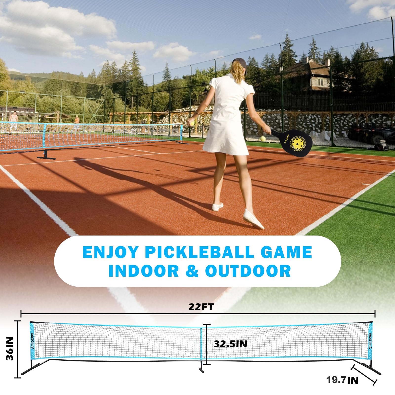 Amicoson Tragbares Pickleball-Netz, USAPA -für Auffahrt – Stahlrahmen und Robustes Net, tragbares Pickleball-Netz inklusive Tragetasche