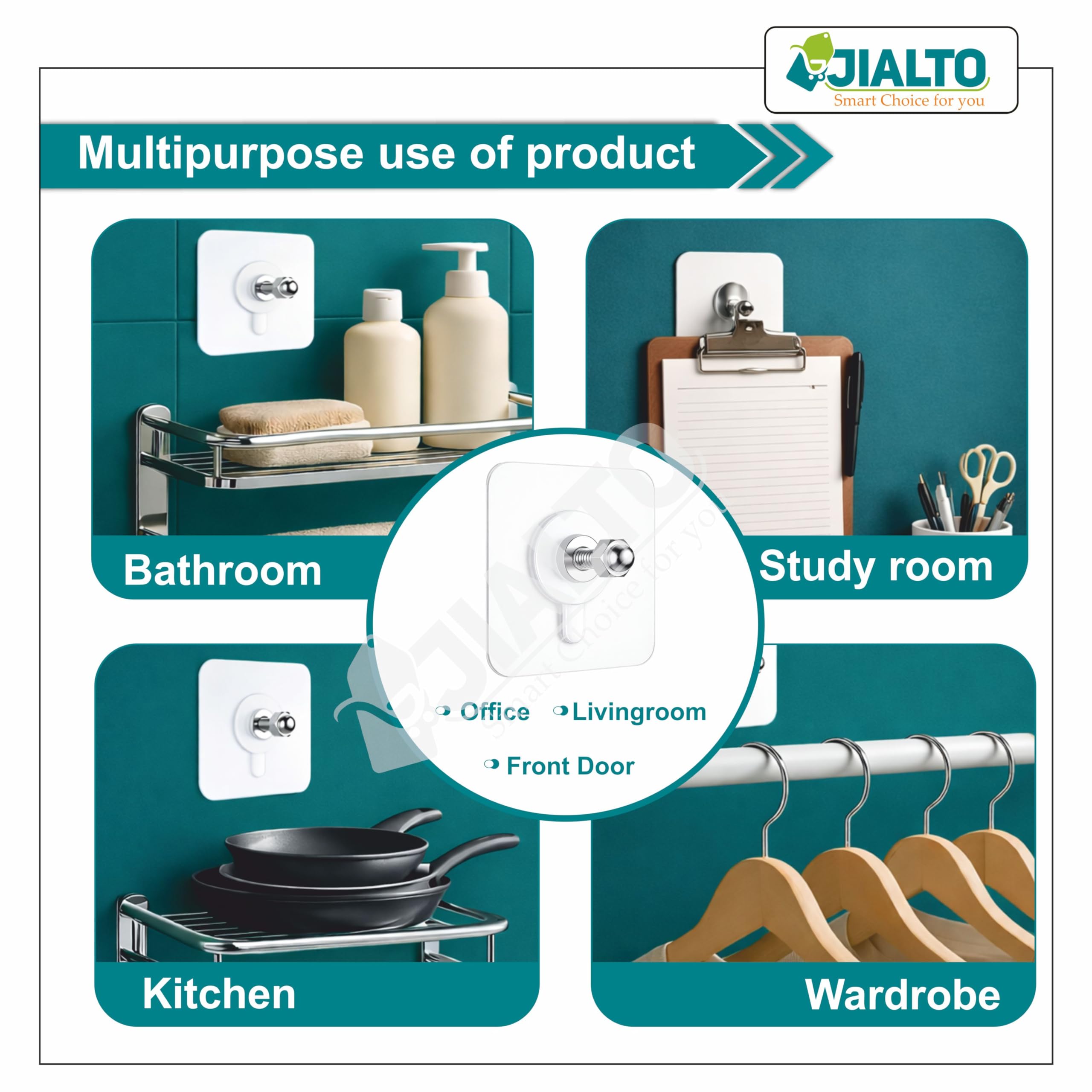 JIALTO Wall Hooks for Hanging Strong, Adhesive Hooks for Wall Heavy Duty, Wall hangings, Kitchen Accessories Items, Sticky Photo Frame Hangers (Pack of 20, Nail Hook) 3