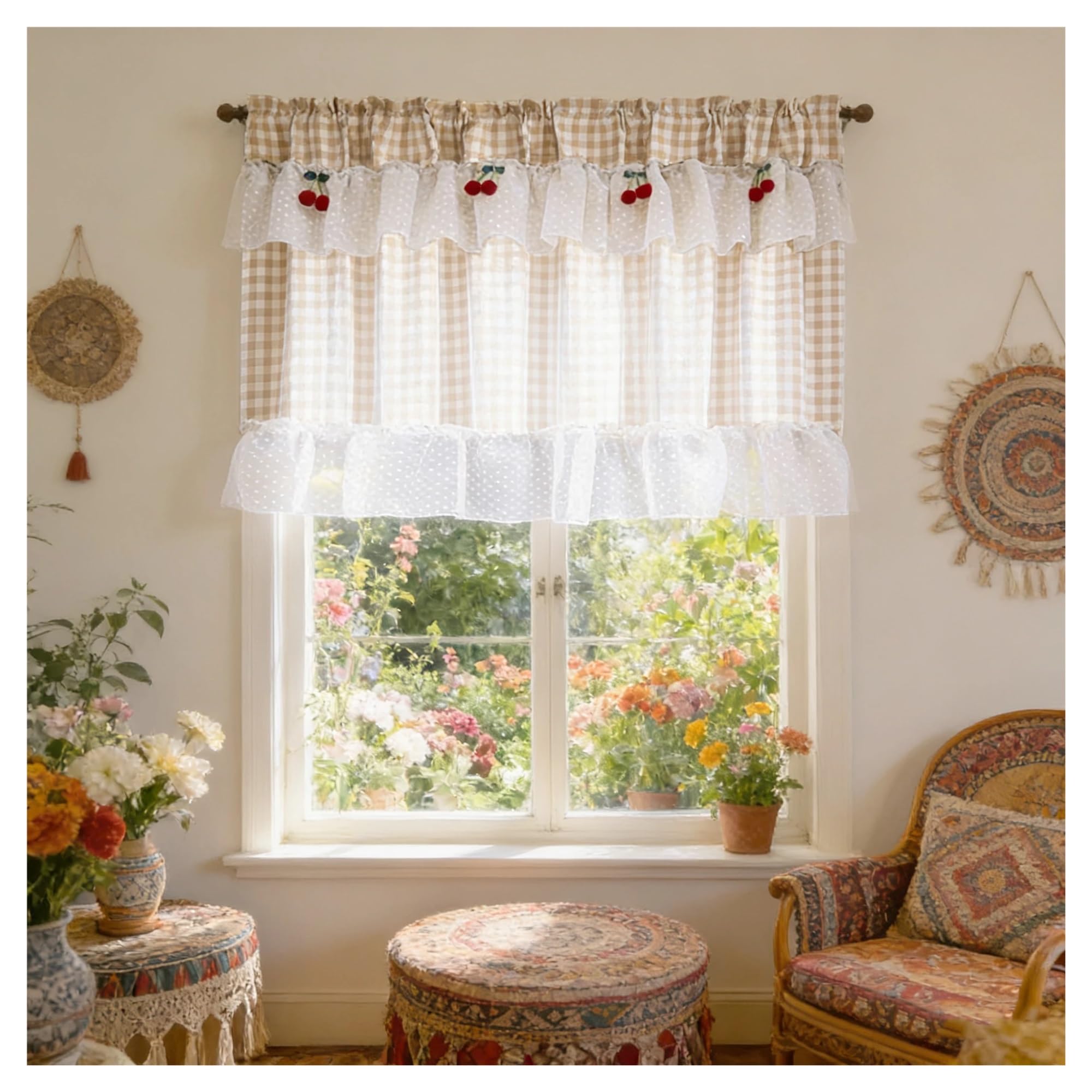 OZLCUA Short Curtains Country Ruffle Design Plaid Curtain With Cherry Decoration, Rustic Farmhouse