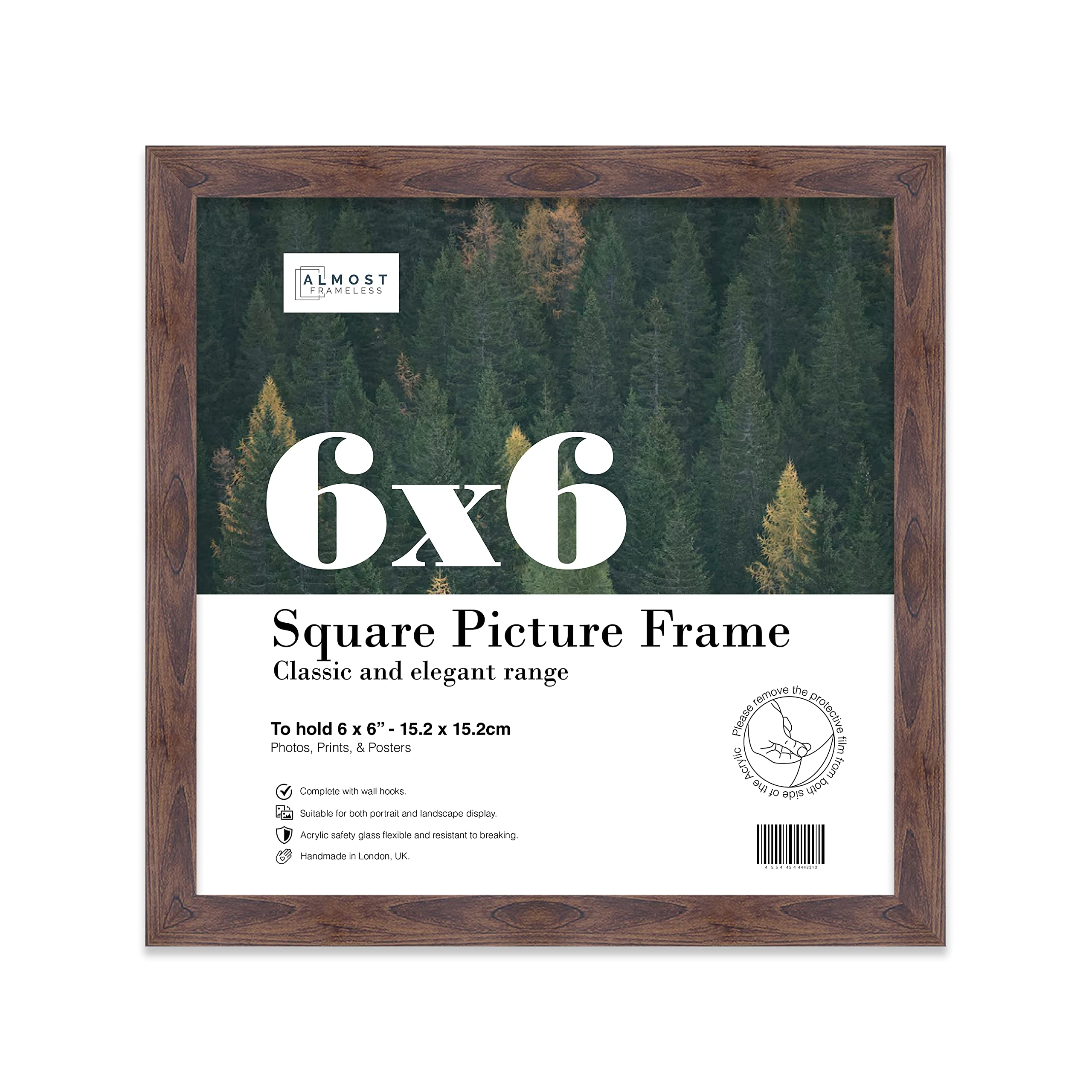 Almost Frameless 6x6 Walnut Picture Frame 6"x6" (15.2x15.2cm) Poster, Photo, Artwork, or Print. Thin Edge Slim Frame Portrait and Landscape Display with Wall Hooks