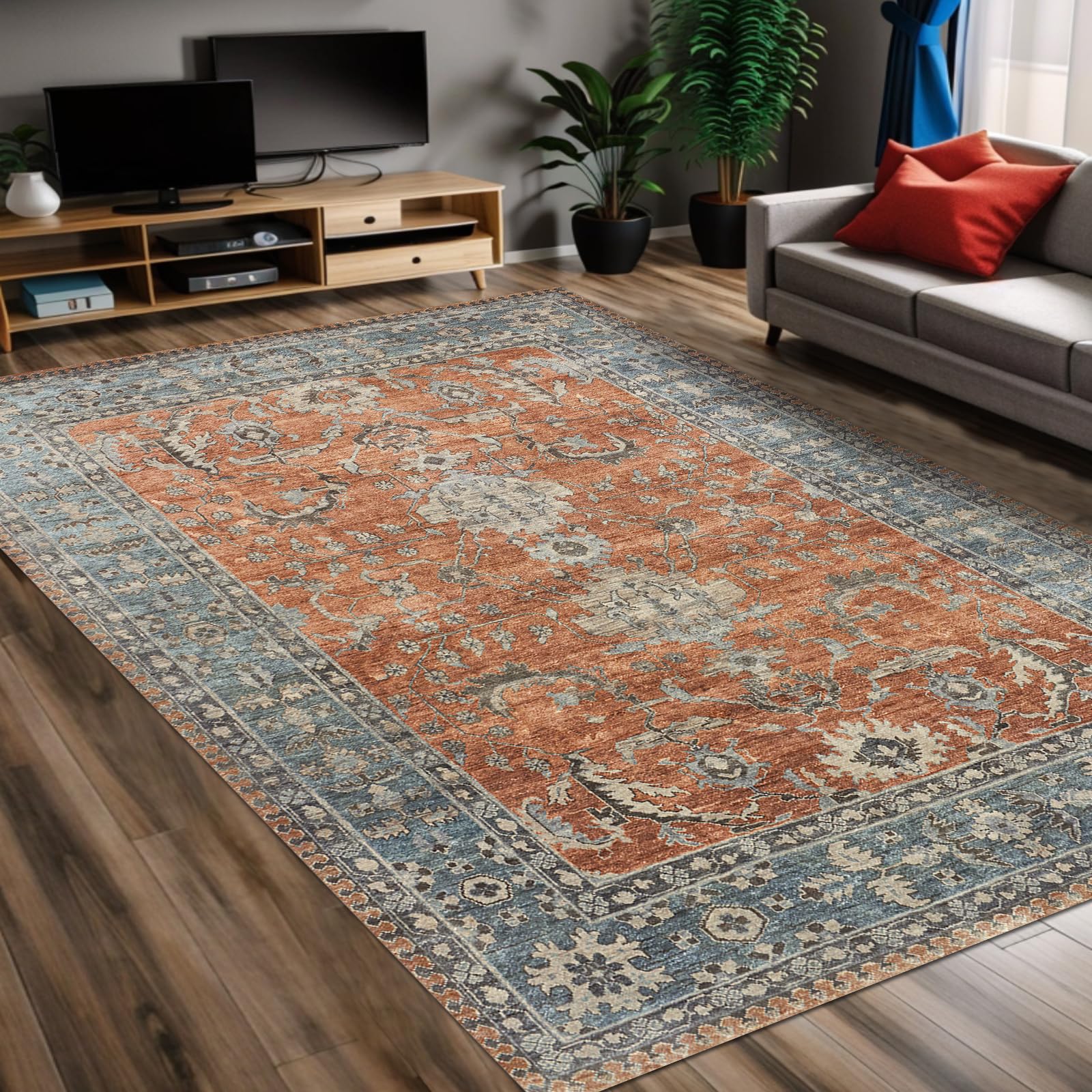 bamyum Soliel Alfombra Impresa Chenilla Estampada a Máquina 200 x 300 cm, Alfombra Salón, Alfombra Multicolor Vintage Dormitorio, Antibacteriana Antideslizante Base Alfombra Cocina