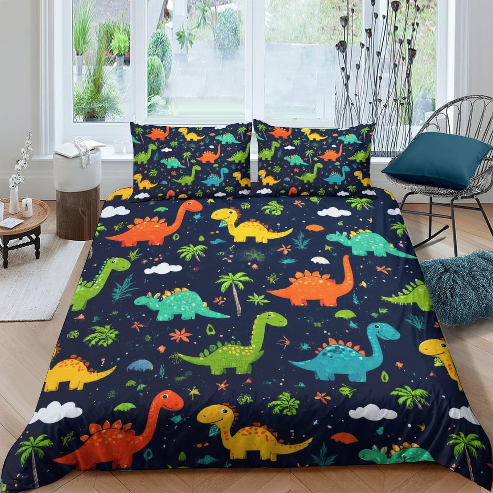 GPLZQXKJNH 3D Printed Colourful Dinosaur Duvet Cover Microfiber Soft Breathable Jurassic Bedding Set with 2 Pillowcases for Bedroom Decor Single（135x200cm）