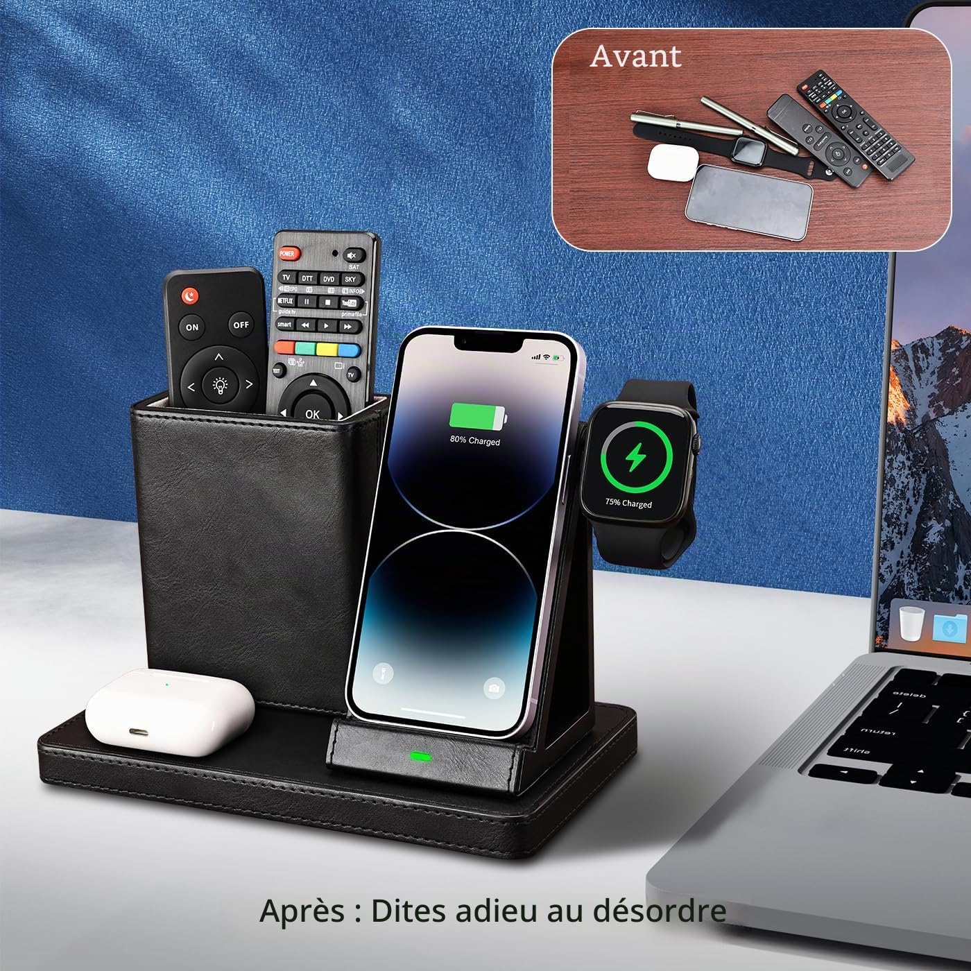 KINGFOM 3 en 1 Station de Charge inductive, Chargeur sans Fil avec Adaptateur 30 W, Station de Charge sans Fil Compatible avec iPhone 15/14/13/12/11, iWatch 9/8/7/6/5/4/SE, AirPods Pro/2/3