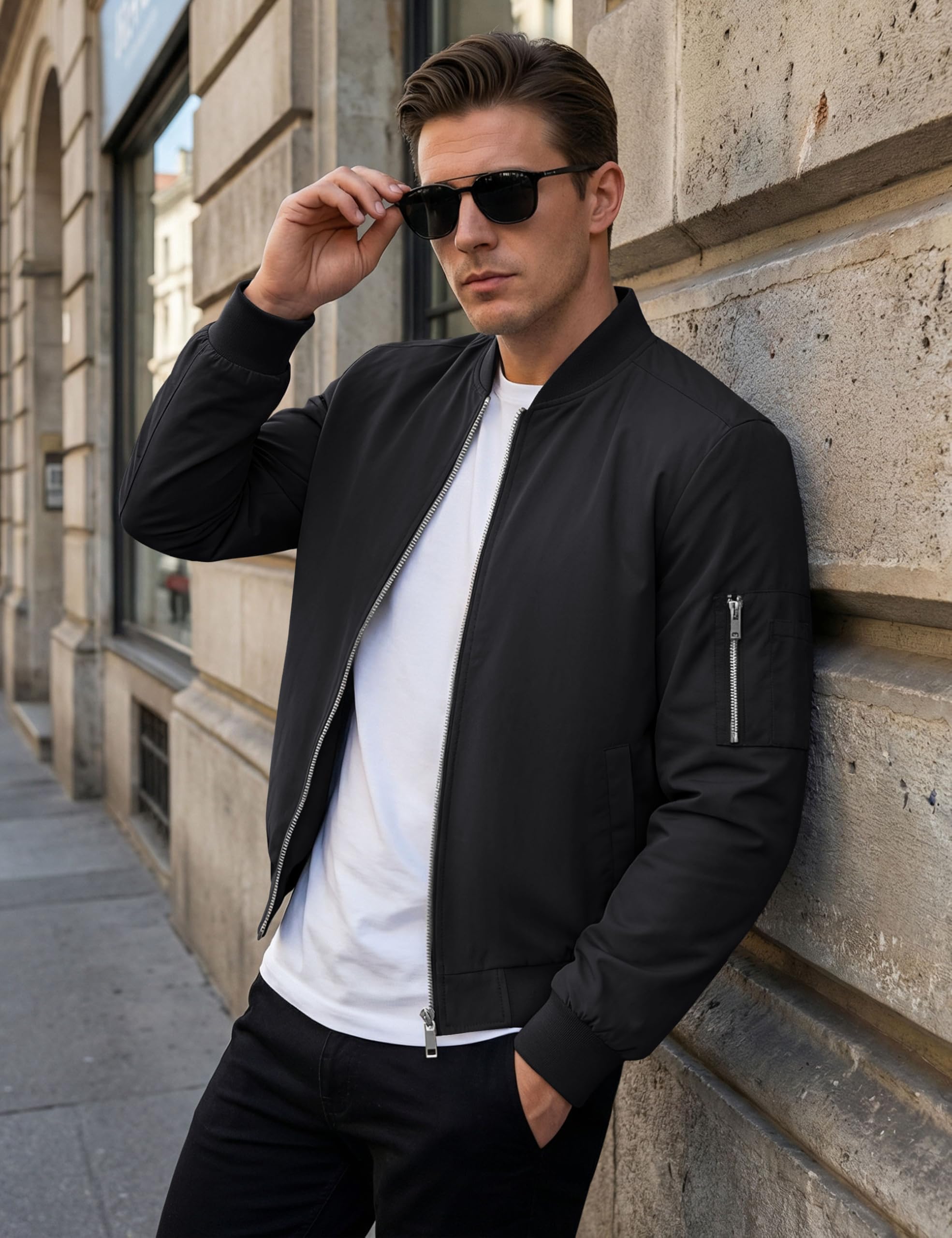 KEFITEVD Herren Leichte Dünne Bomberjacke mit Ärmeltasche Blouson Jacke Übergangsjacke Stehkragen US Fliegerjacke mit Innentasche