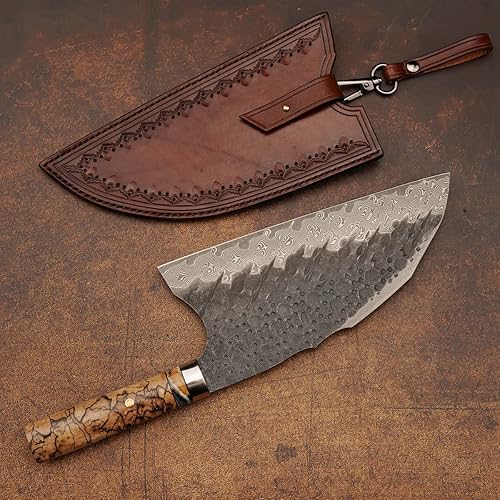 Miniatura 3 de Cuchillo chino VG10 Damasco de acero para cocina, 8.5 pulgadas profesional hecho a mano con mango de madera estabilizado Burl para carne y verduras