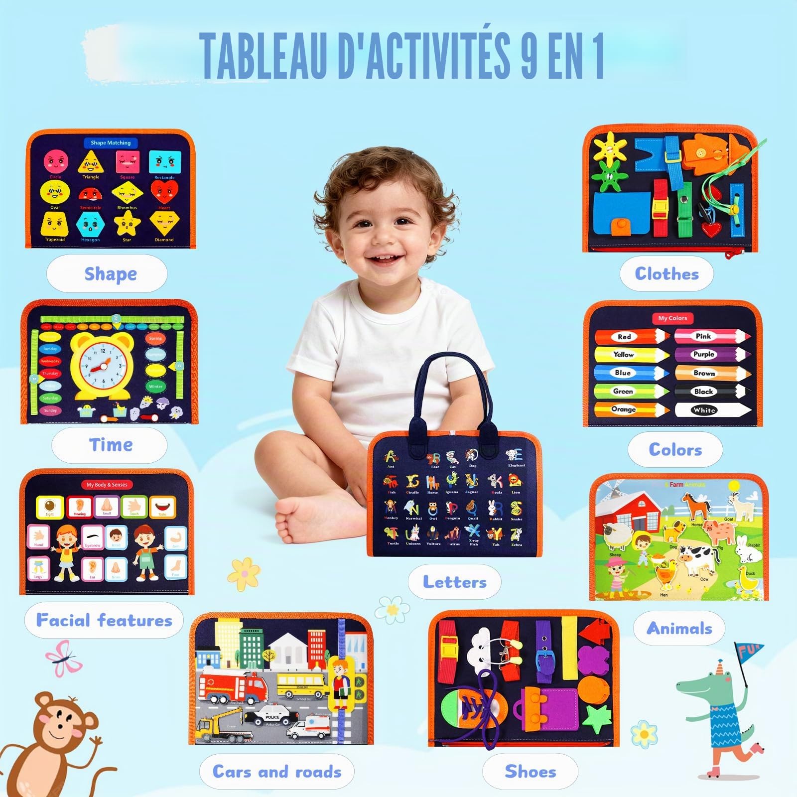 Busy Board, Jouets d'Activité, Quiet Book, Livre Montessori, Idéal comme Jouet de Voyage Avion et Voiture, Jouet Montessori Cadeau pour Enfants Garçon Fille 1 2 3 4 Ans