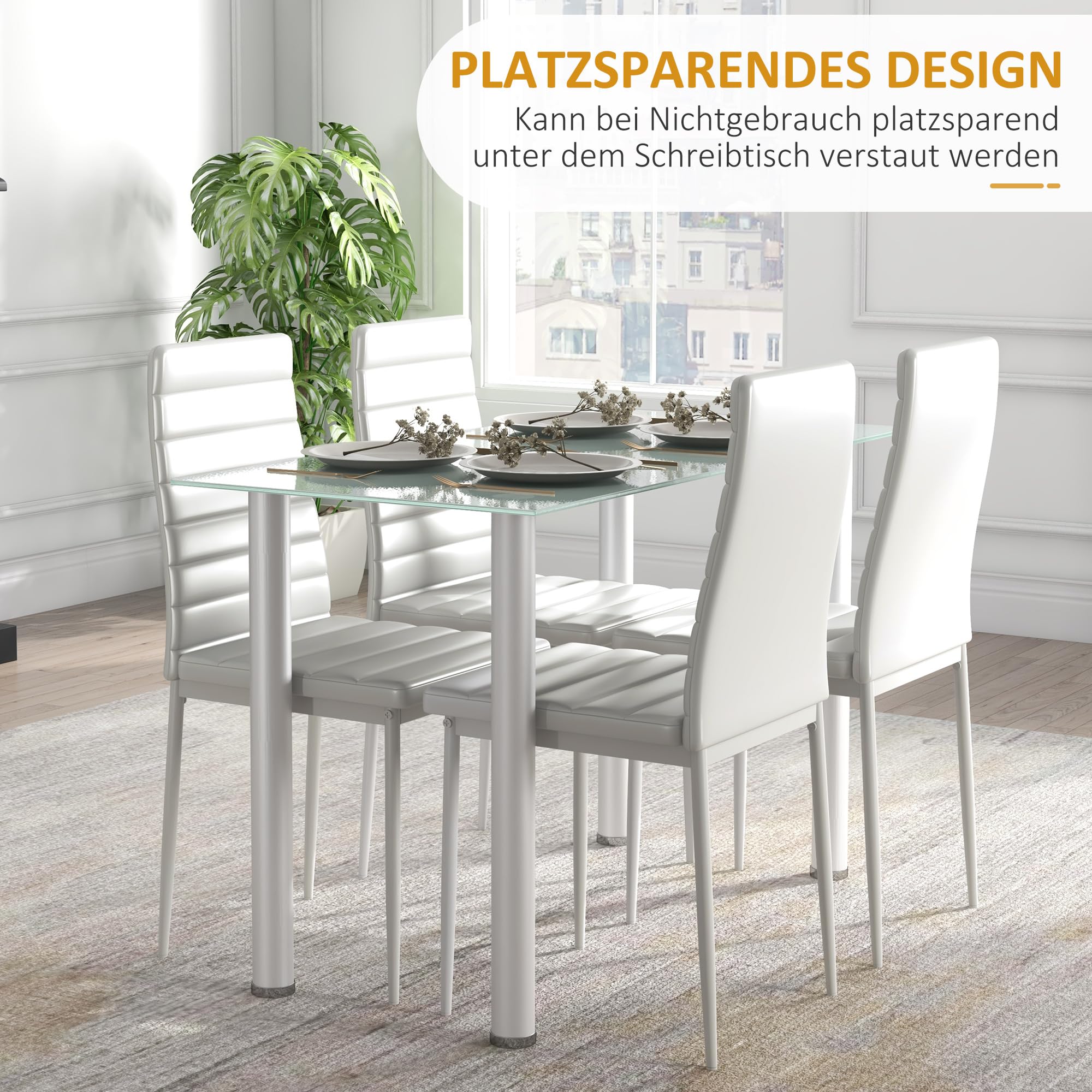 HOMCOM Essgruppe Esstisch mit 4 Stühlen Platzsparend für Küche Weiß