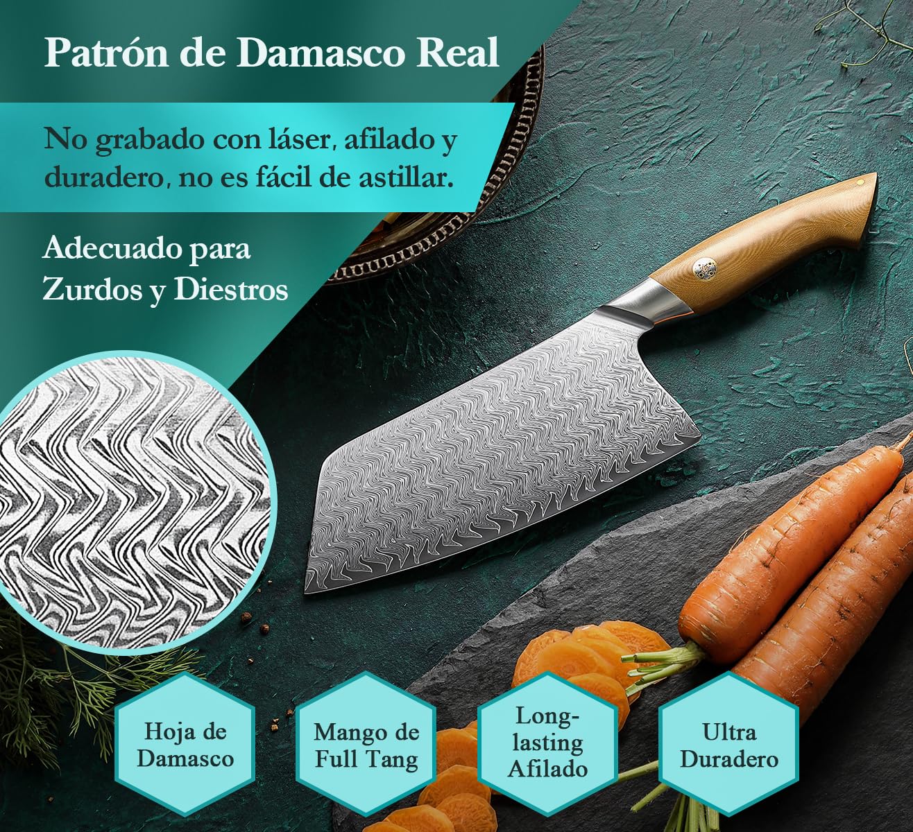 HEZHEN Damasco Hachas de Cocina Para Rebanar Carne, Multiusos Cuchillo de Chef Carnicero Chino,Cuchillos de Carne Profesional,Full Tang Mango