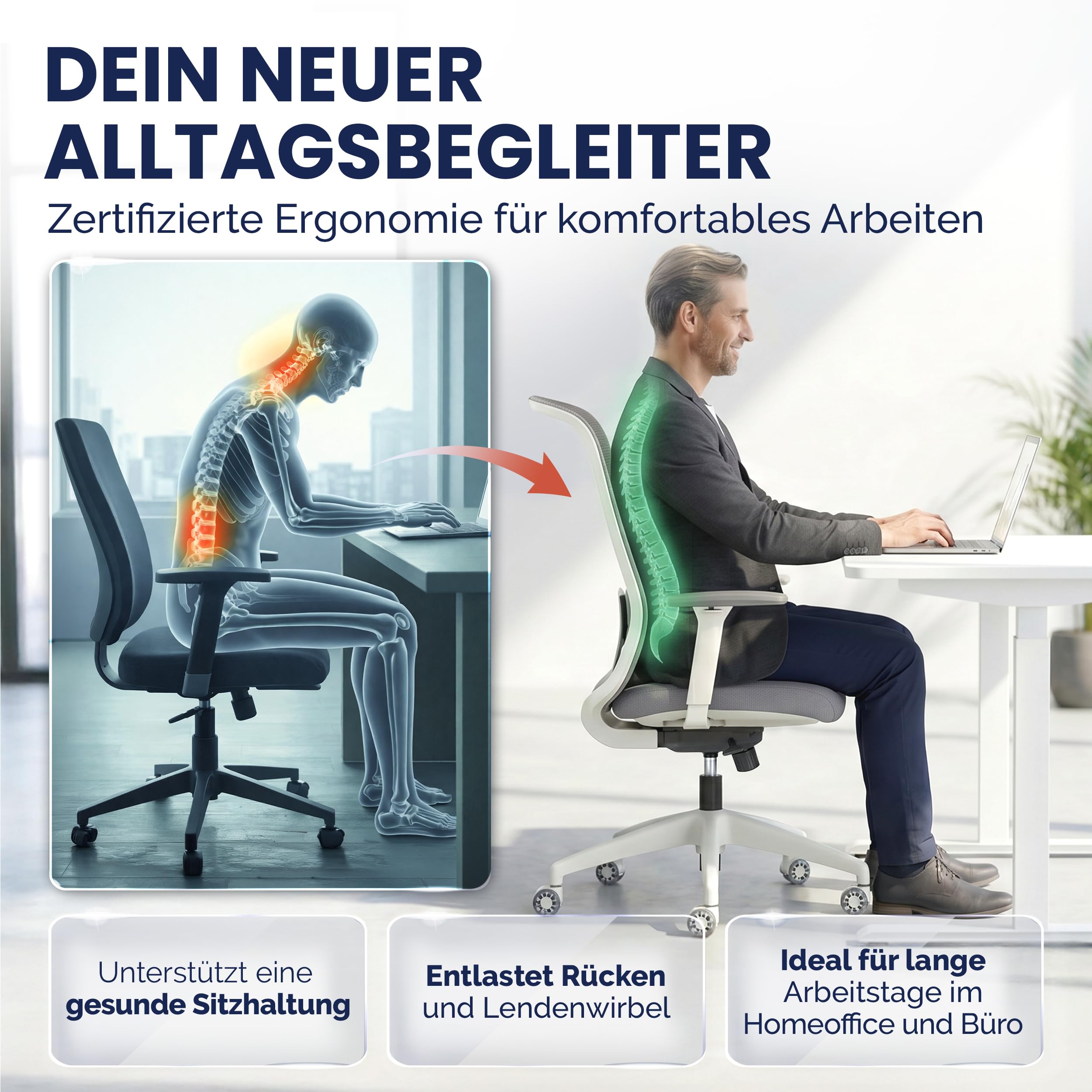 ErgoPrime PRO Bürostuhl ergonomisch TESTSIEGER - IGR Zertifiziert - Schreibtischstuhl 100% individuell einstellbar - Home Office Chair Drehstuhl - Bürostuhl 150 kg Grau
