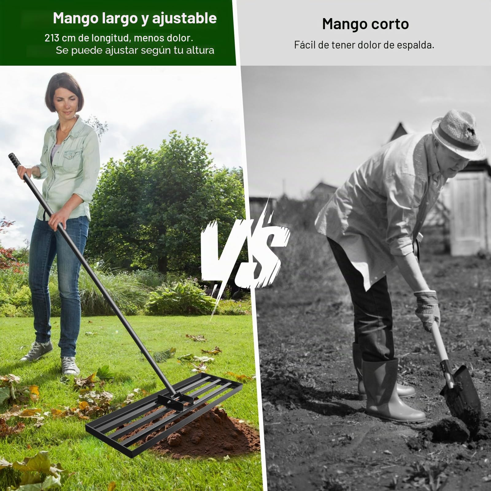 Rastrillo Nivelador de Césped 41x25cm, Rastrillo de Nivelación de Césped Resistente con Mango Ajustable Antideslizante de 213cm, Rastrillo para Césped Jardín, Campo de Golf, Negro