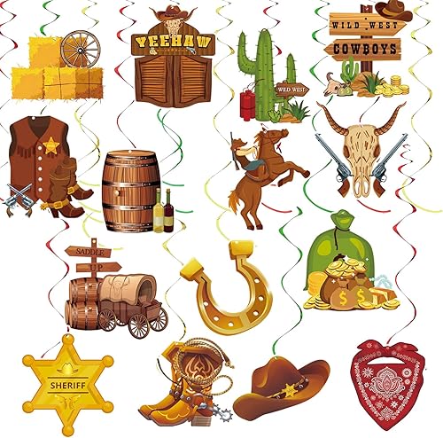 36 piezas temáticas de vaquero occidental, decoración de cumpleaños con remolinos salvajes occidentales, suministros para decoración de techo de