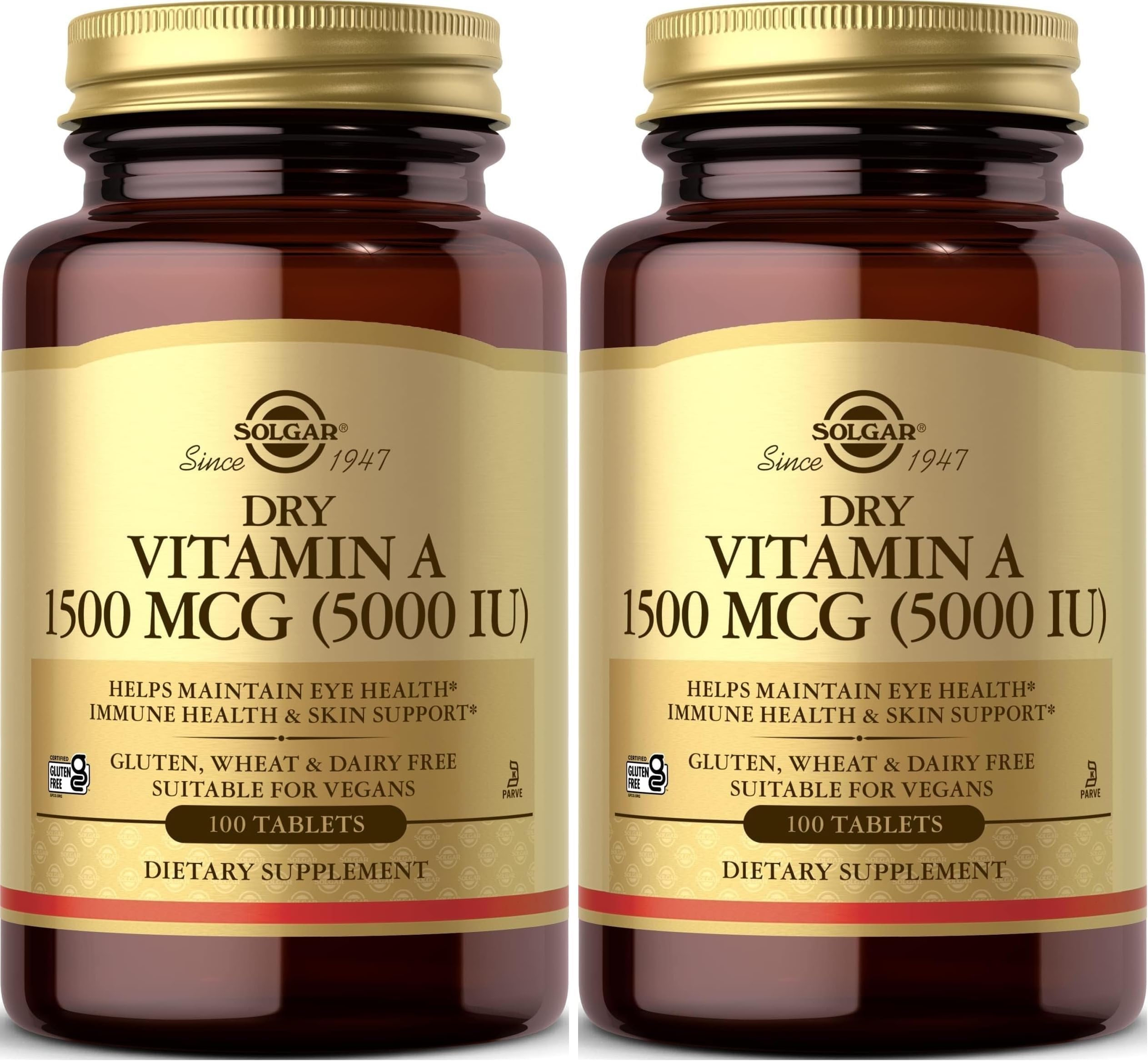SOLGAR Dry Vitamin A 1500 mcg (5000 IU), 100 Tablets - Supports Healthy Eyes, Skin & Immune System - Non-GMO, Vegan, Gluten Free, Dairy Free, Kosher - 100 Servings (Pack of 2)