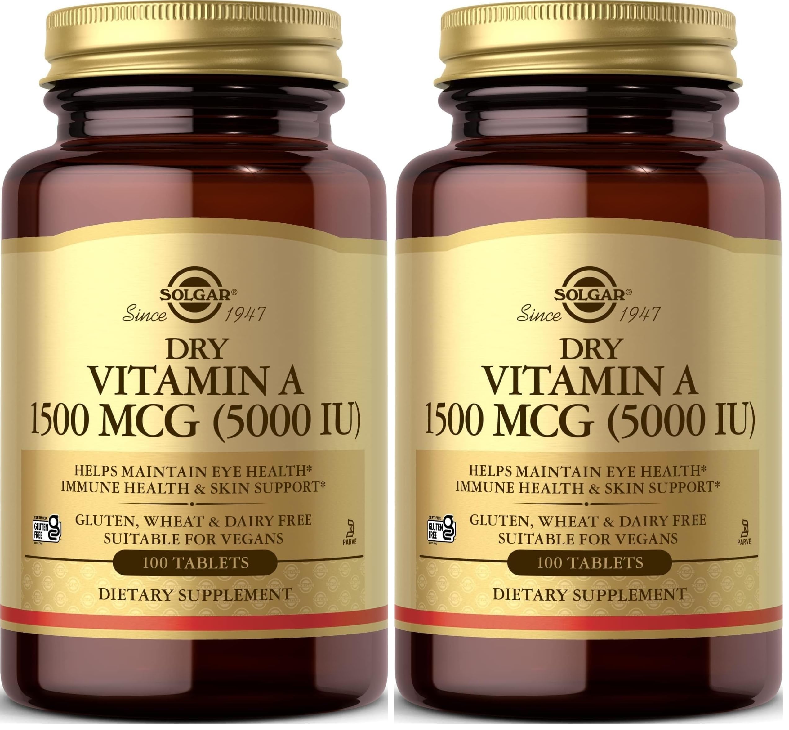 SOLGAR Dry Vitamin A 1500 mcg (5000 IU), 100 Tablets - Supports Healthy Eyes, Skin & Immune System - Non-GMO, Vegan, Gluten Free, Dairy Free, Kosher - 100 Servings (Pack of 2) Unflavored 100 Count (Pack of 2)
