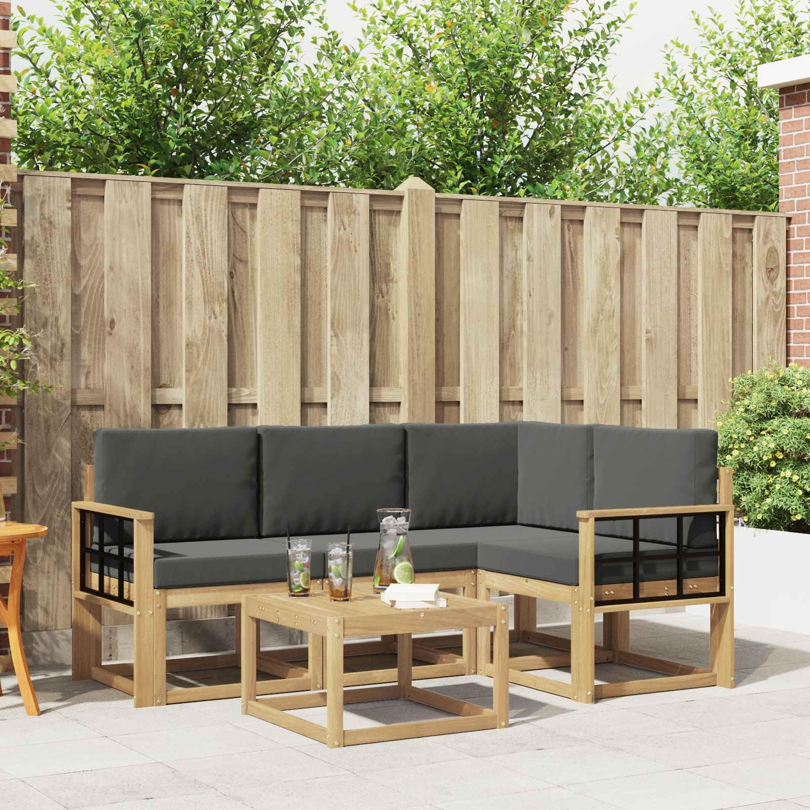 Gartenmöbelgarnitur Set 5-teilig wetterfestes Akazienholz modernes Design für Terrasse Balkon und Garten, modulare Sitzgruppe mit Tisch, Sofas, Sesseln, Aufbewahrung, langlebig, platzsparend
