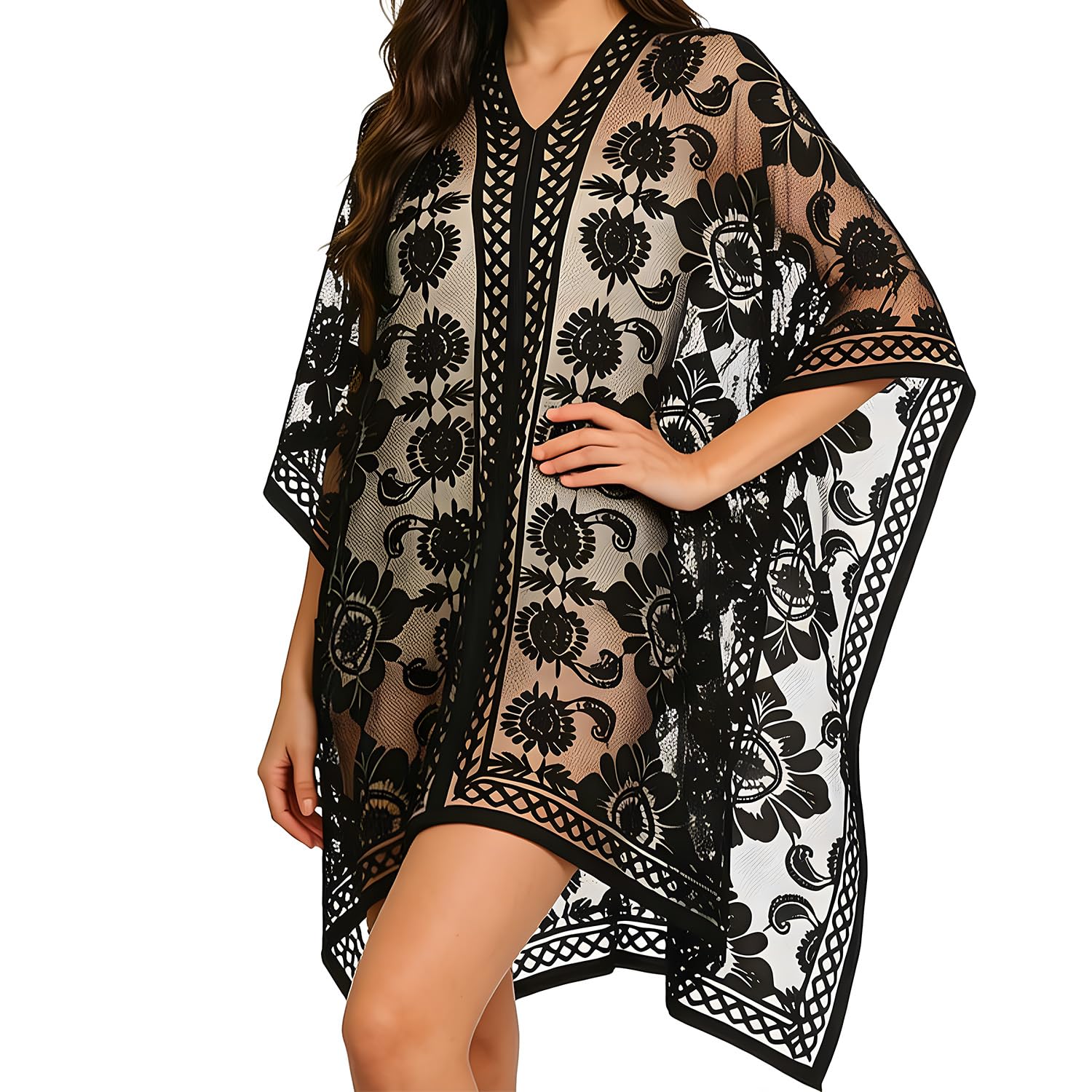 Bikini Cover Up Beach Wear for Women Summer Lace Sheer Swimwear Cover Up V Neck Floral Jacquard Beach Cover Up Bikini Cover Top Lightweight Beachwear for Resort Pool Party Vacation Cruise Holiday-picture-52
