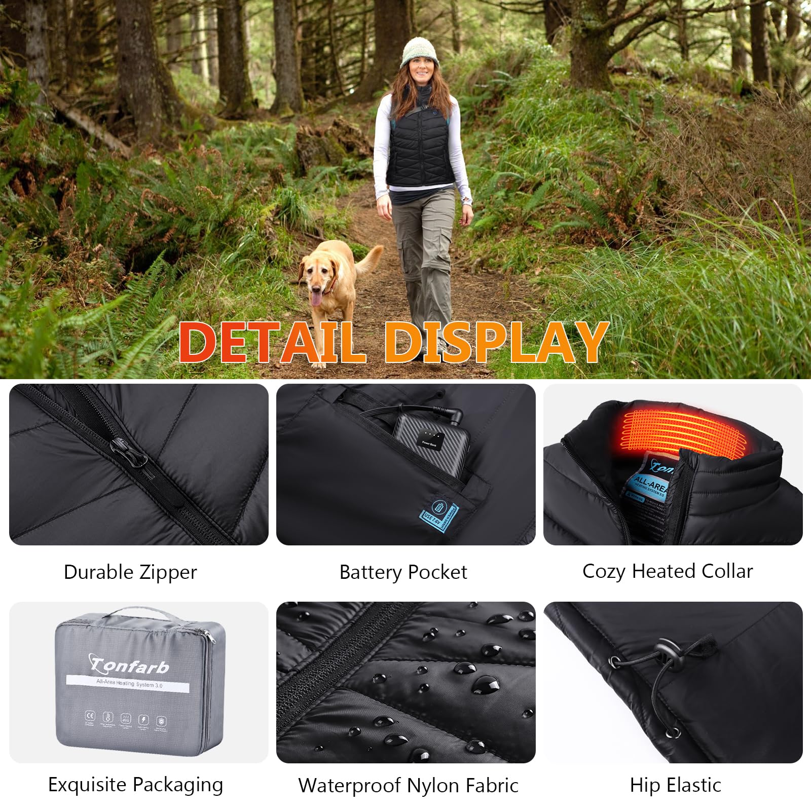 Chaleco Calefactable Mujer, Chaqueta Calefactable con Bateria Recargable de 7.4V 10000mAh, Chaleco Térmico Impermeable y Lavable con 4 Zonas de Calentamiento, 3 Niveles de Temperatura para Exteriores