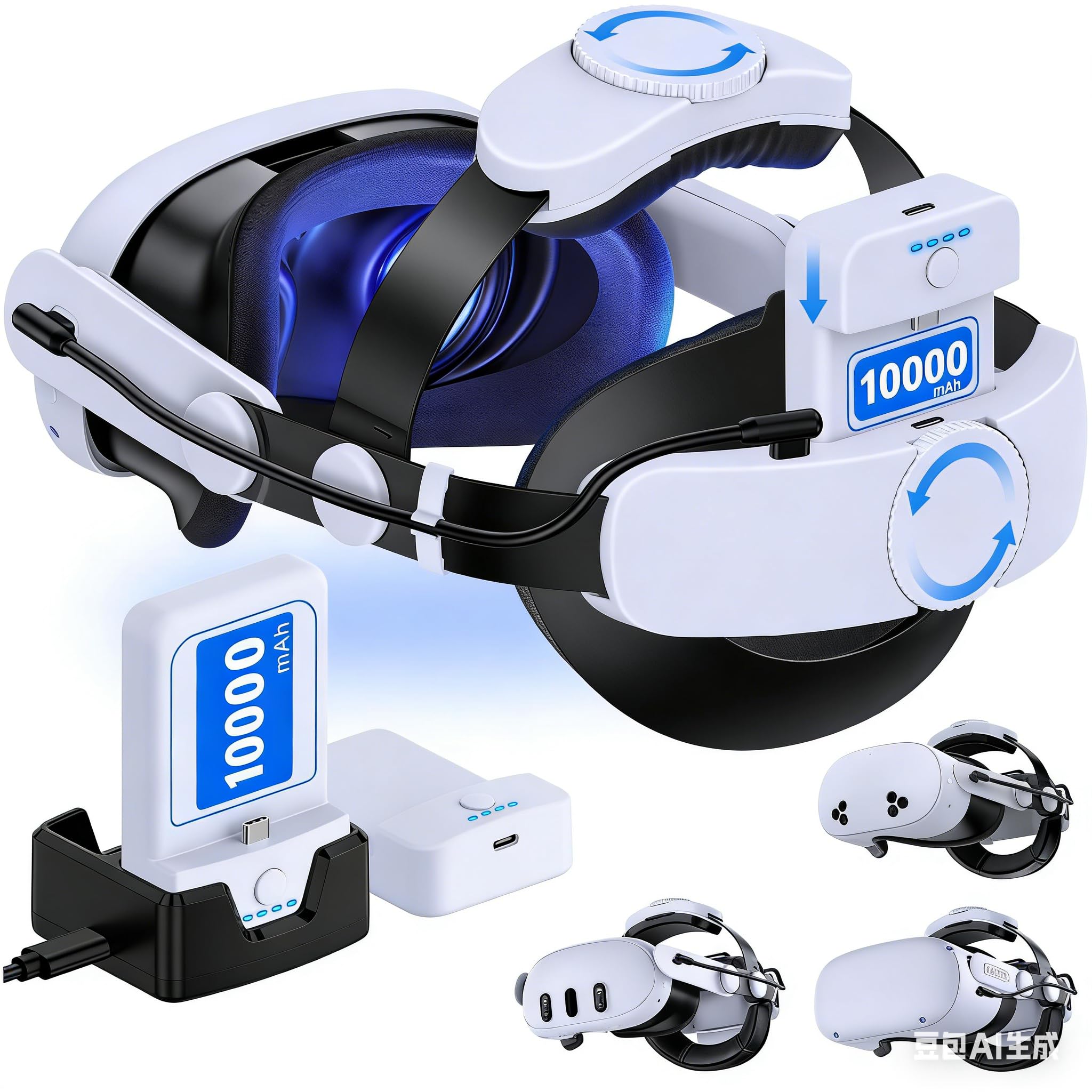 Elegamefy Headstrap für Meta Quest 3/3s/Quest 2 mit 20000mAh Akku & Ladestation - Wechselbare & Verlängerte Spielzei 10 Stunden, Verstellbares Dual-Knob