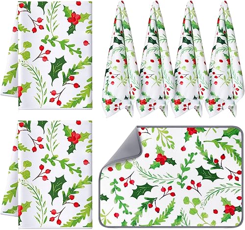 Juego de 4 toallas de cocina de bayas de acebo y 1 tapete de secado de platos de Navidad, toallas de mano de bayas, vacaciones de invierno, tapete