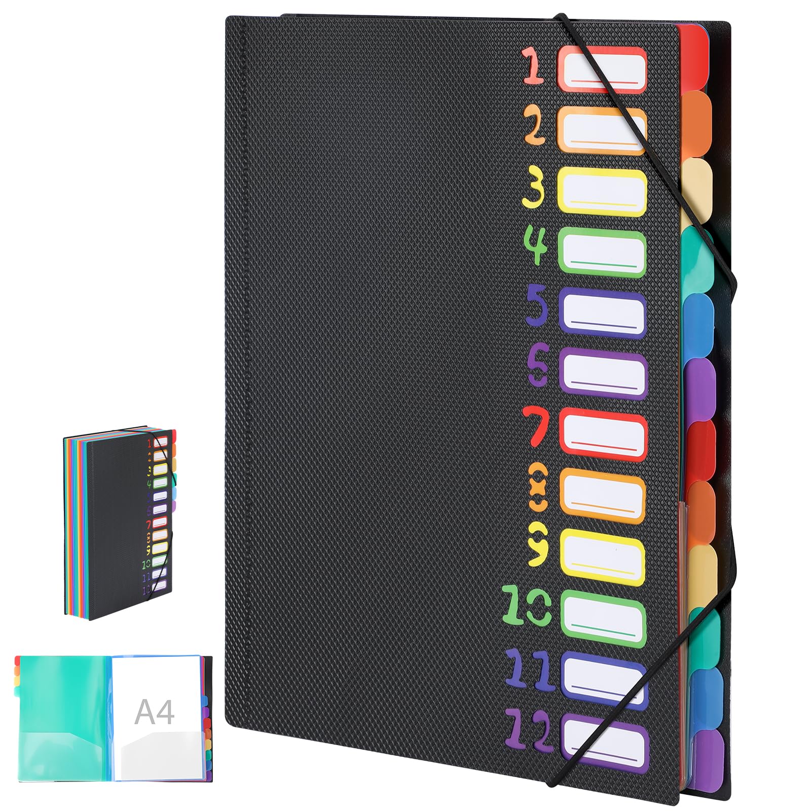 Euqvunn 12-Pocket Expanding File Folder,180° Lay-Flat Open File Organiser, Filing Folder with Elastic Band, Black A4 Document Organiser with Rainbow Label, Ideal for Office School