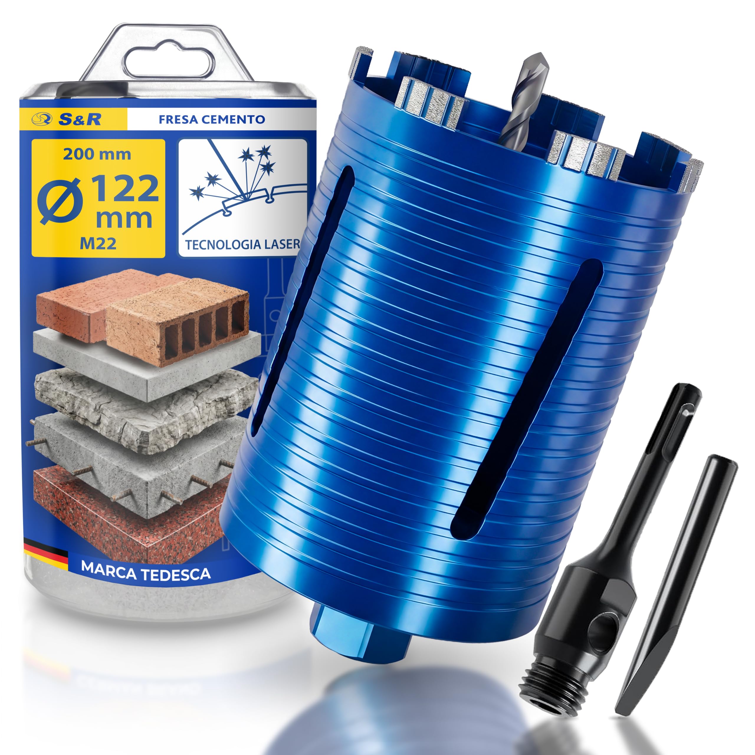 S&R Sega a Tazza Diamantata 122 x 200mm. Fresa Cemento 63 SDS-Plus | Punta Diamante cemento 122 x 200mm M22 - Corona Carotatrice Cemento - Sega a Tazza Diamantata Professionale