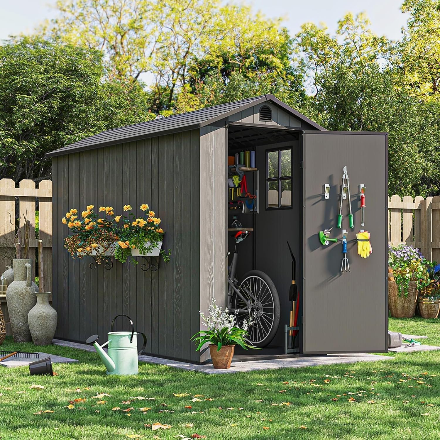 Patiowell 4x8 FT Outdoor Storage Shed with its door open, showcasing the interior storage space for garden tools and a bicycle, set in a lush backyard environment.
