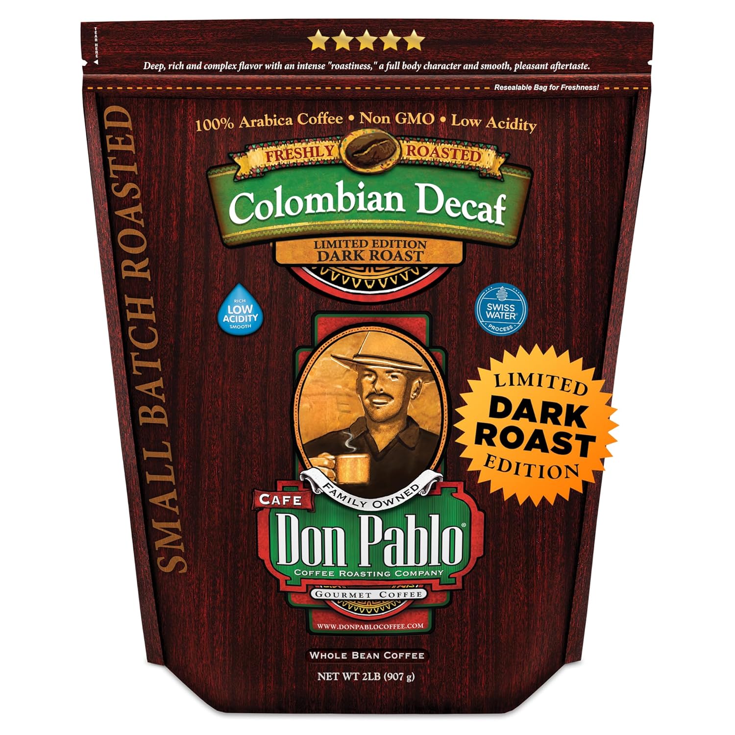 Don Pablo Colombian Decaf - Limited Edition Dark Roast Gourmet Coffee, Swiss Water Process Decaf, 100% Arabica Whole Bean, Non-GMO, Low Acidity, 2 Pound (2 lb) Bag