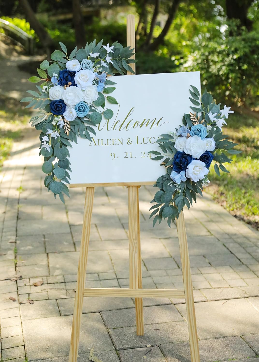 Artificial Dusty Blue Wedding Arch Flower Swags Set of 2 for Welcome Signs Floral and Wedding Reception Ceremony Decorations, White Flowers Decor