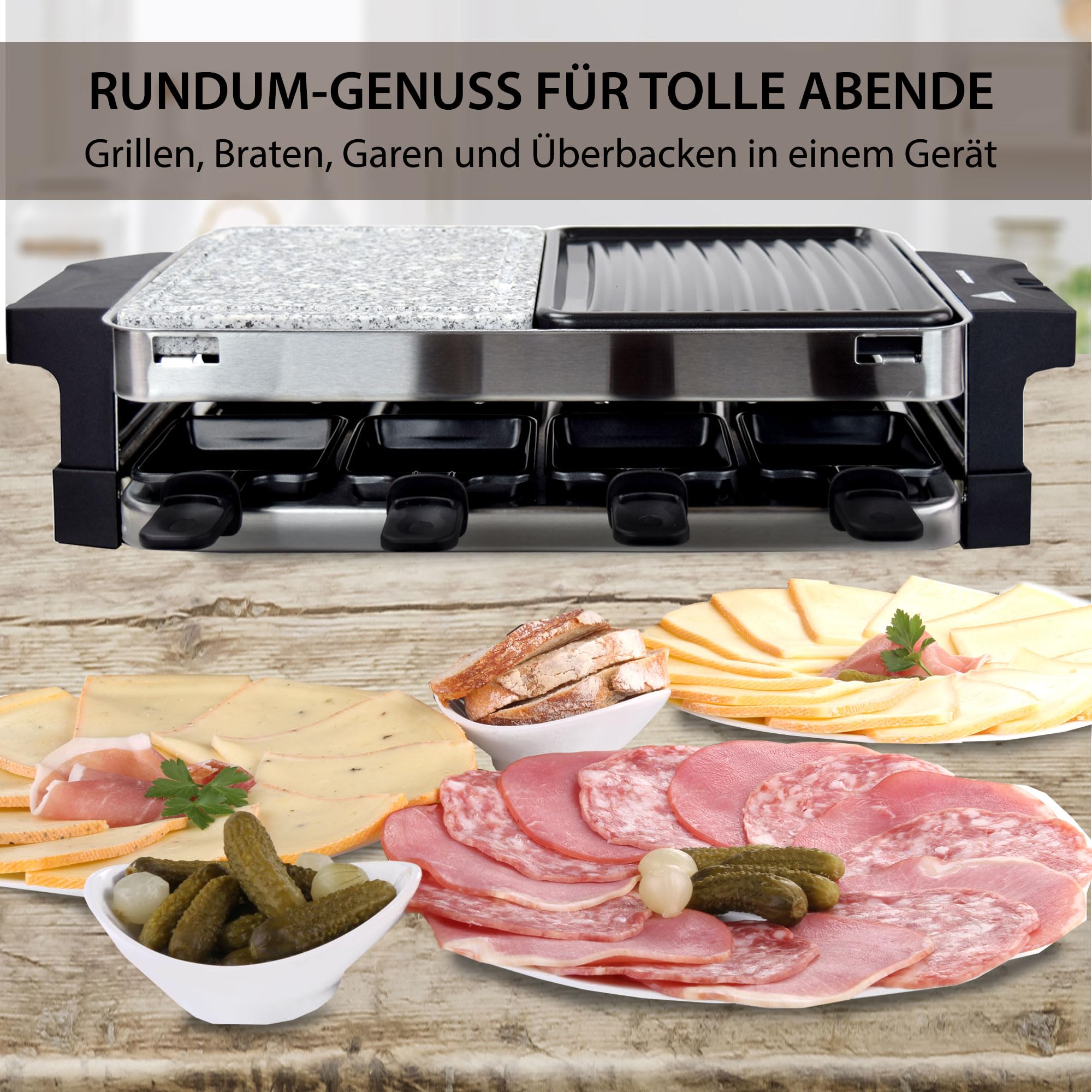 Syntrox Germany Raclette Bernus 8 Personen, 1500W Multifunktions-Grill mit Heißem Stein und Antihaft-Platte, Edelstahl inkl. 8 Pfännchen