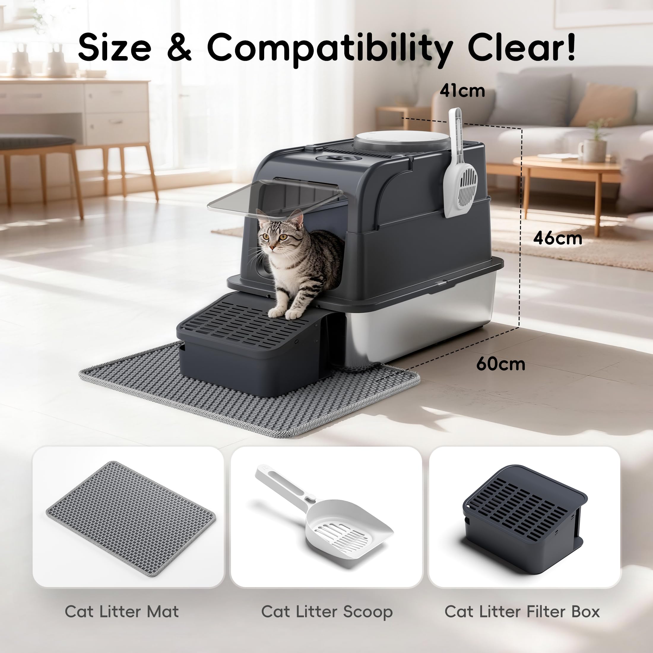 PAKEWAY Große Katzentoilette Edelstahl, XXL 3-in-1 Geschlossen & Offen, Mit Klappdeckel & Anti-Tracking-Stufe, Geruchskontrolle, Leicht zu Reinigen