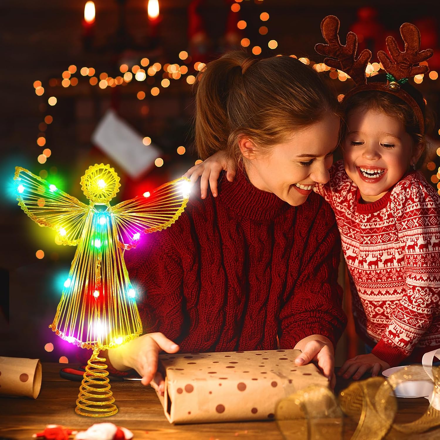 Christmas Angel Tree Topper Gold, Glitter Hollow Wire Angel Xmas Tree Toppers, App Control LED Christmas Light Powered by USB, Tree Topper Star for Holiday Party Gift Décor