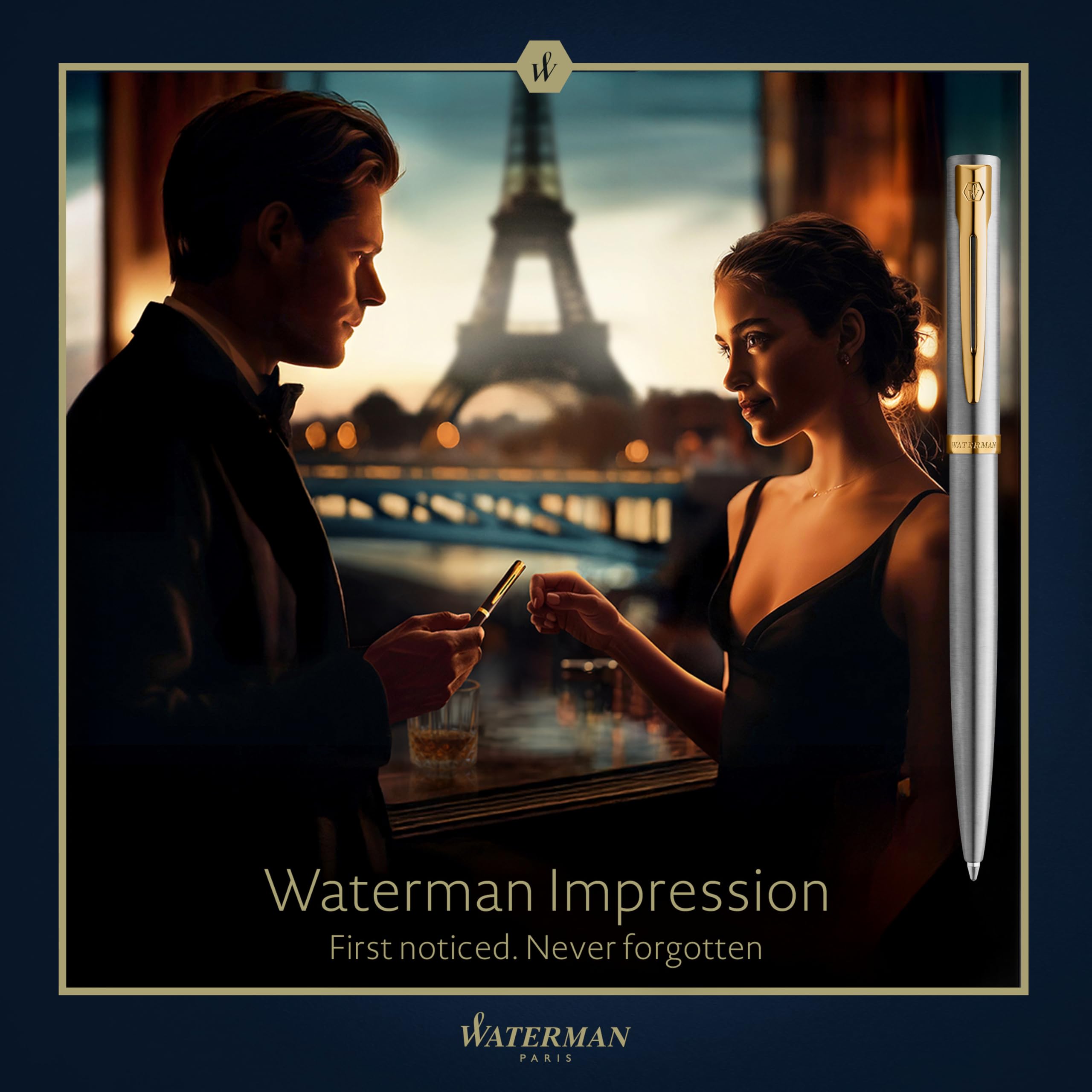 Waterman Impression Ballpoint Pen | Stainless Steel with Gold Trim | Medium Point | Blue Ink | Gift Box - Image 2