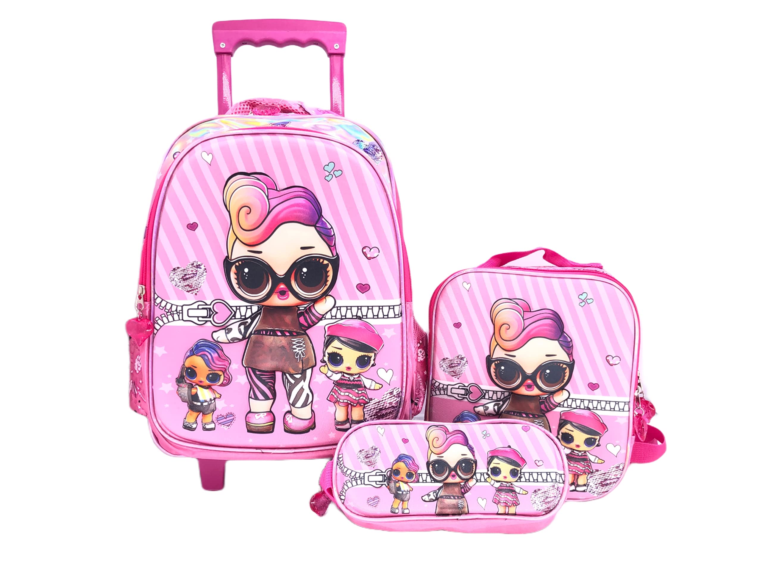 Generic3D EVA Premium Toddler backpack with Trolley which Includes Main Trolley L.O.L 3D Bag luggage with 3 wheels, Lunch Bag, and pencil Case personalized backpack For Boys and Girls (15 inch)