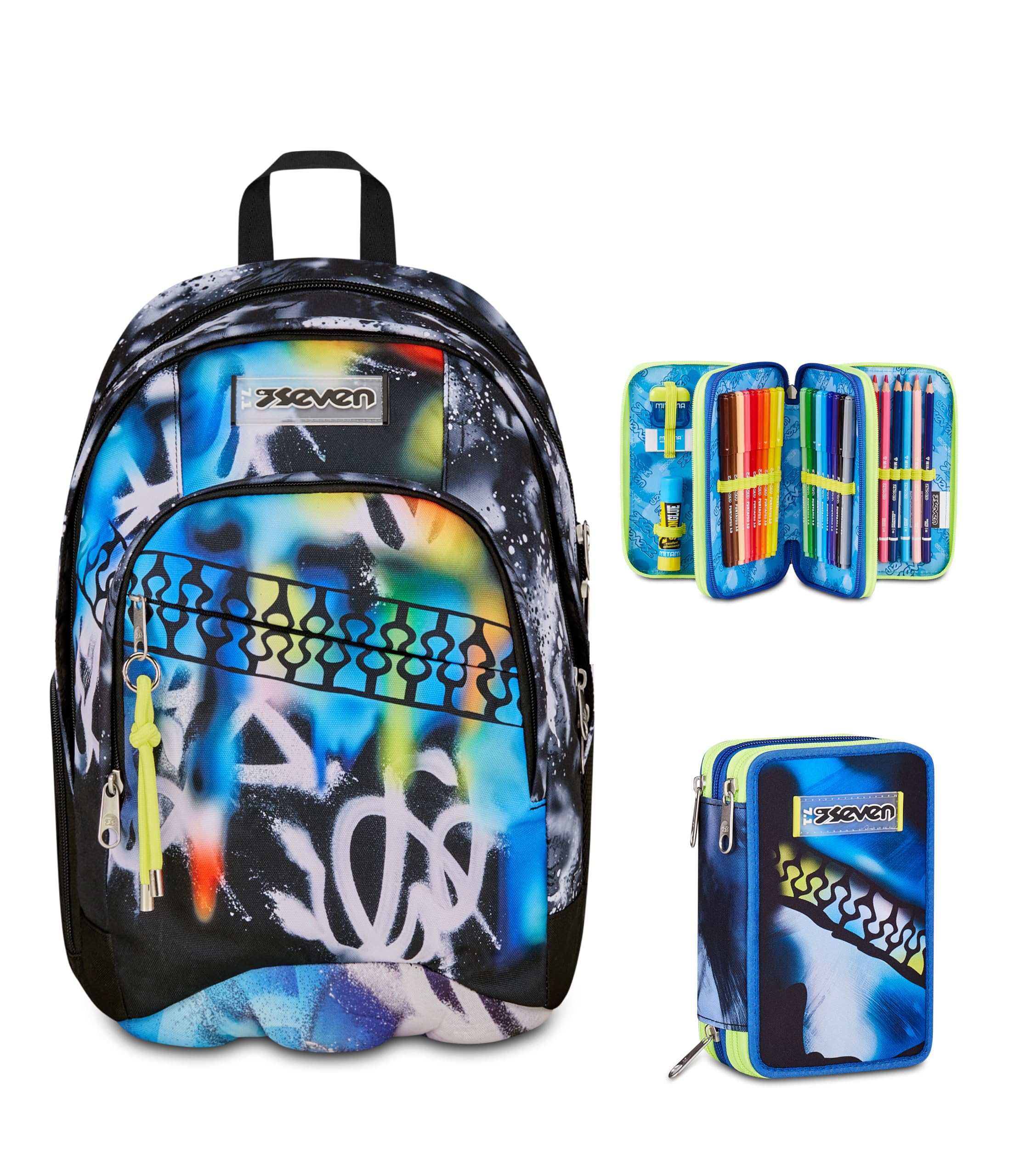 Seven Zaino Scuola Dual BUZZY NOTE BOY, Doppio Scomparto, Blu, 32 L + Astuccio 3 zip, 45 pezzi, Completo di matite penne, matite e colori, Scuola elementare, Bambino