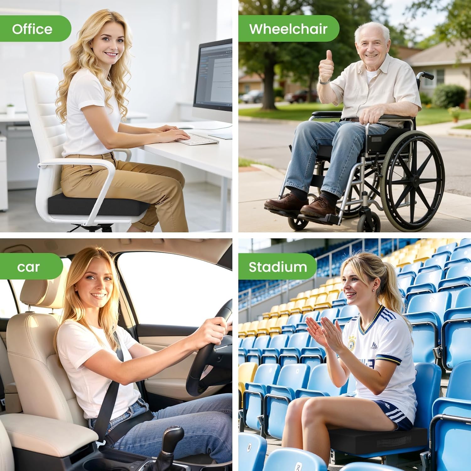 Seat Cushion for Office Chairs - Memory Foam Desk Chair Cushion for Back, Tailbone, Sciatica Relief - Chair Pillow with Carry Handle for Wheelchair, Car, Airplane, Long Sitting (Black)