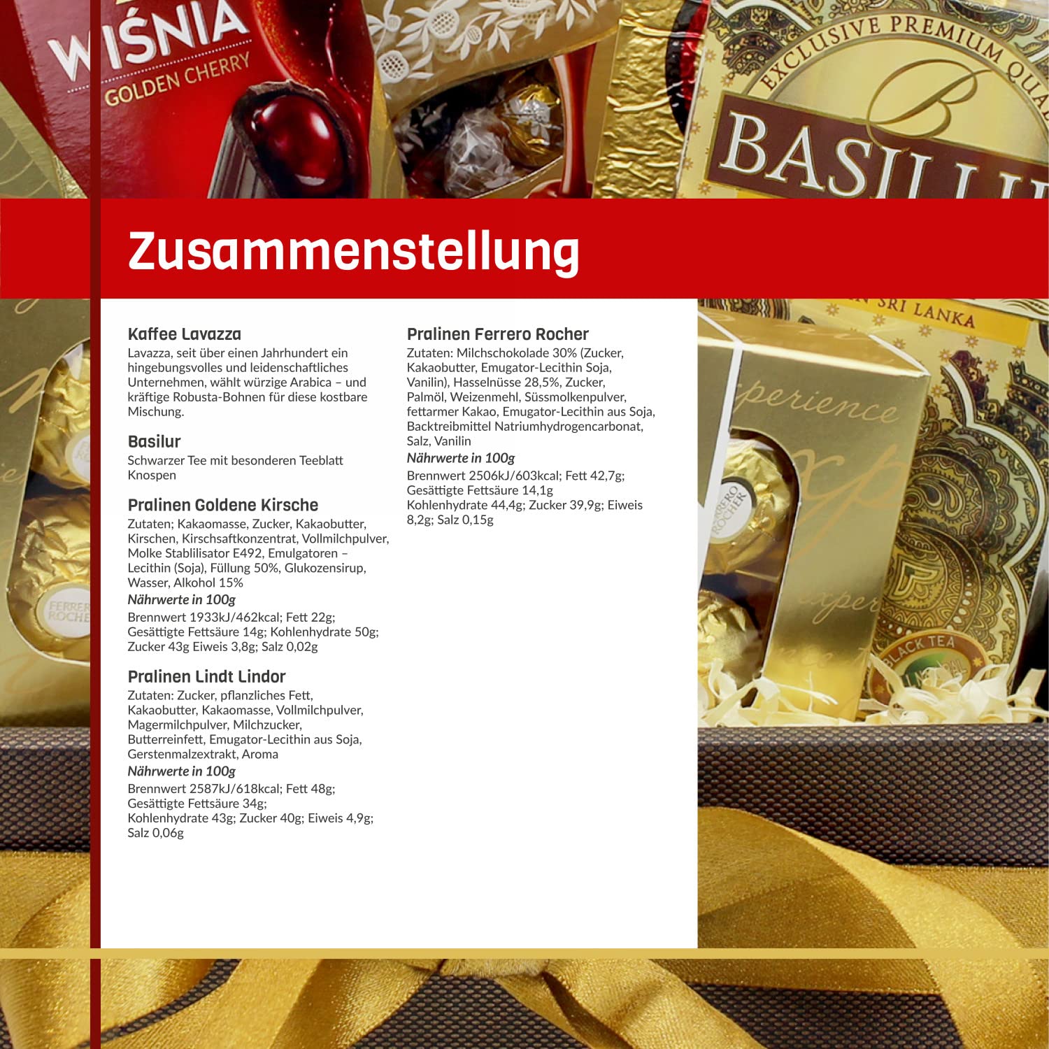 Geschenk Set Golden Kollektion - 5 verschiedene Produkte - 3 Schokoladenbox, exklusive Kaffee Lavazza und Ceylon-Schwarztee Basilur - Ferrero Rocher - Frau - Mann