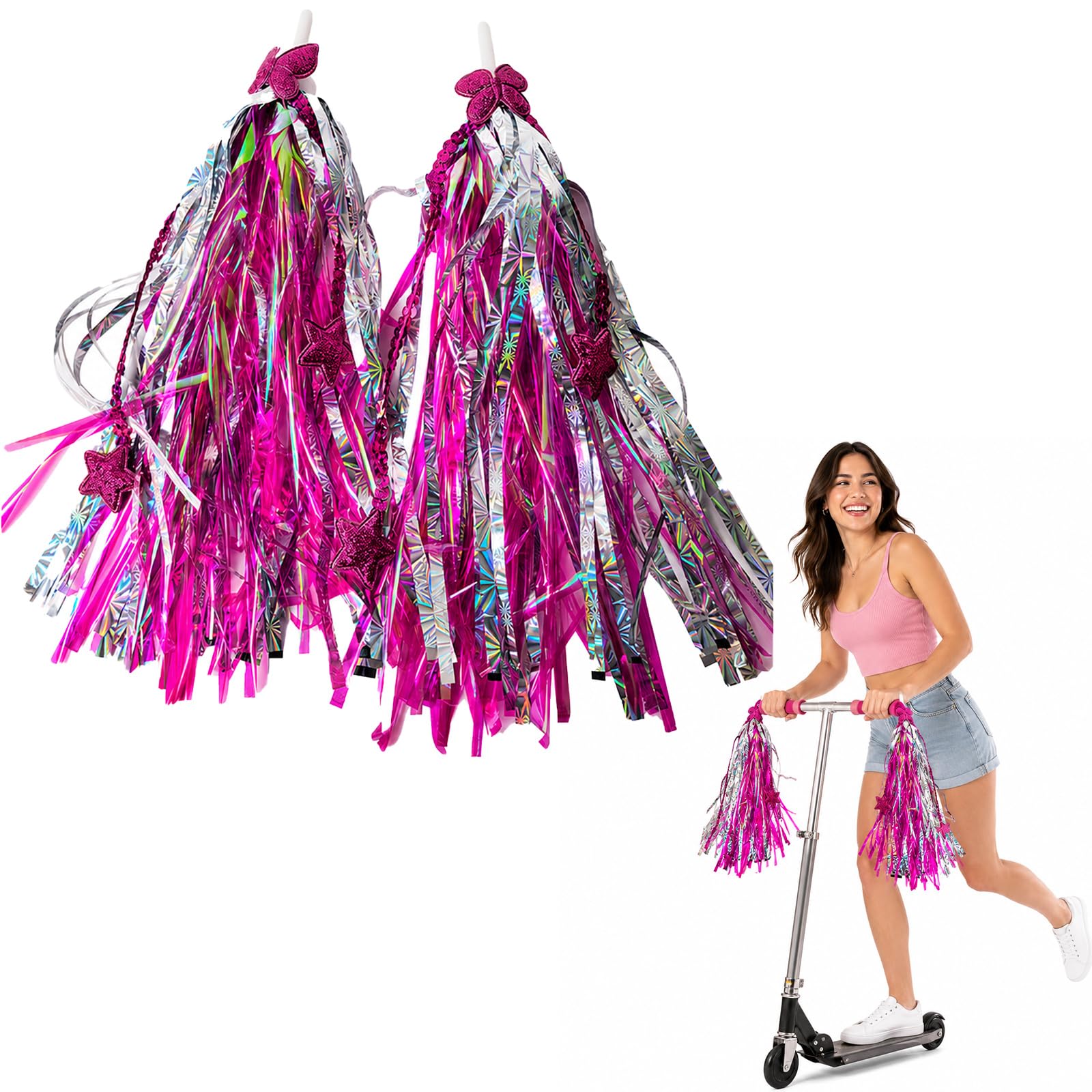 RubyTint Bike Handlebar Streamers, Metallic Pink And Silver Tassels, 2-Pack