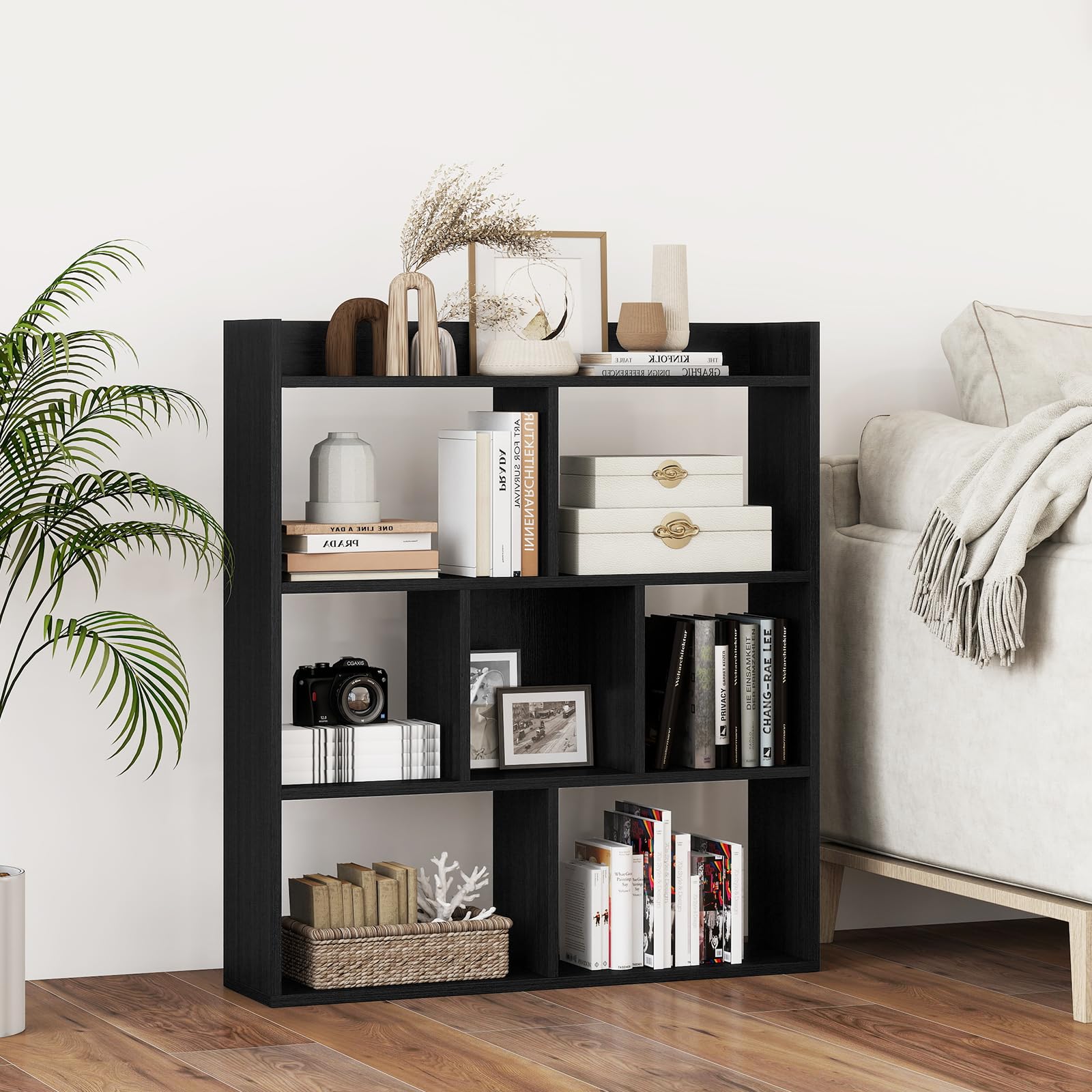 GIANTEX Libreria a libro aperta a 7 cubi, libreria con dispositivi antiribaltamento, mobile cubo per camera da letto, ufficio, soggiorno, 80 x 20 x 90 cm, colore: nero