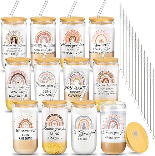 Juego de 12 vasos de vidrio de agradecimiento para empleados, regalos de agradecimiento para compañeros de trabajo, vasos de vidrio de