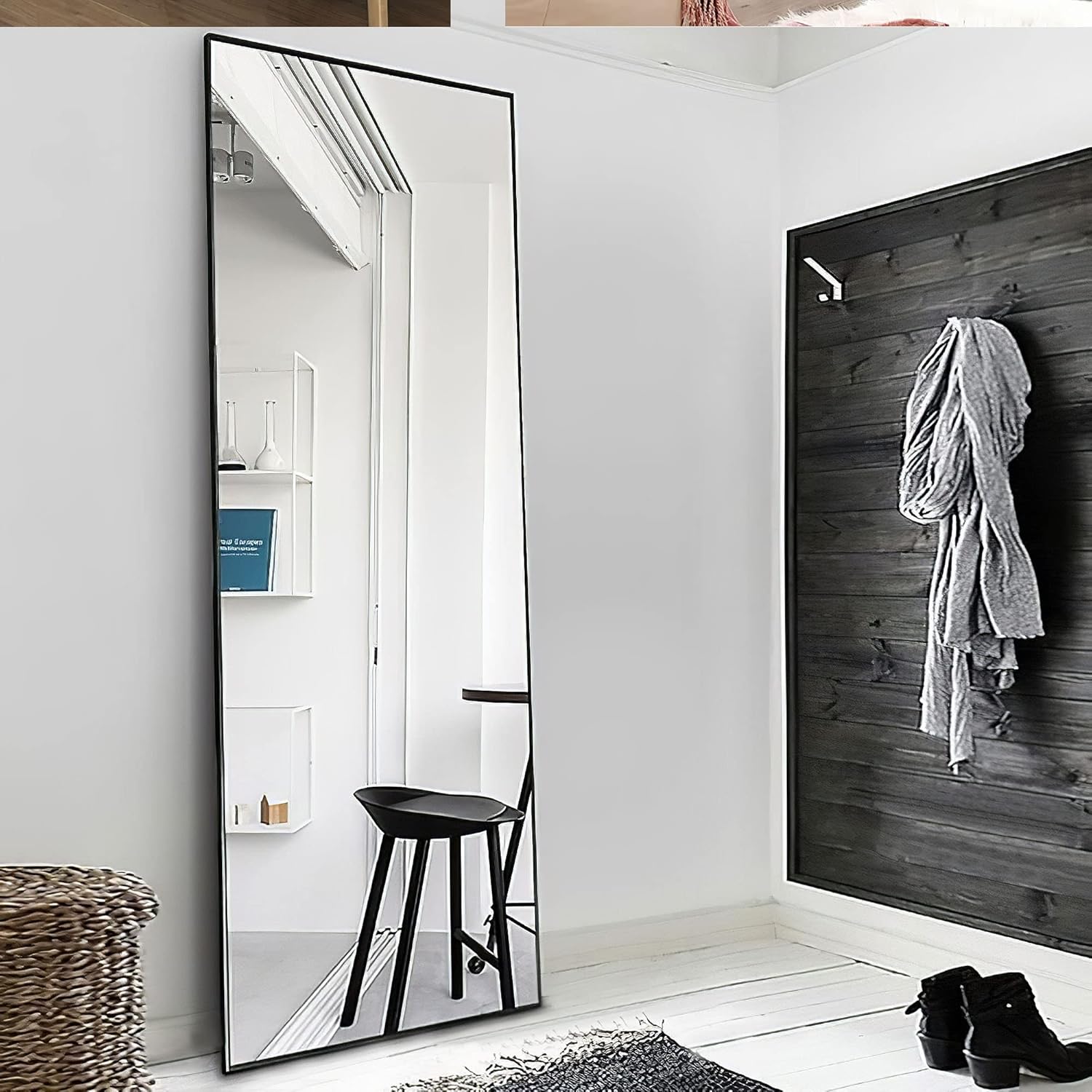 NeuType Full Length Mirror, 64"x21" Full Body Mirror with Stand Floor Mirror Full Length Standing Mirror Wall-Mounted Mirror Hanging or Leaning Against Wall Aluminum Alloy Thin Frame (Black)