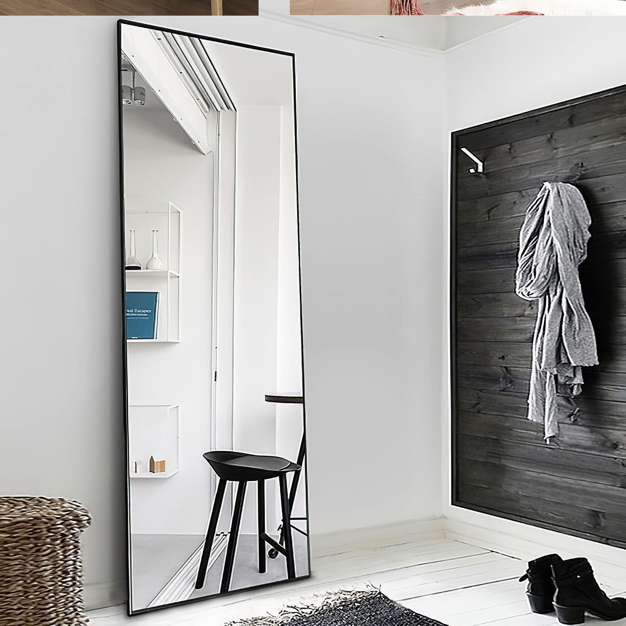 NeuType Full Length Mirror, 64"x21" Full Body Mirror with Stand Floor Mirror Full Length Standing Mirror Wall-Mounted Mirror Hanging or Leaning Against Wall Aluminum Alloy Thin Frame (Black)