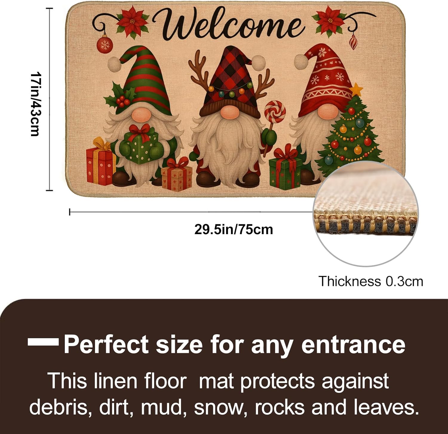 Christmas Gnome Welcome Door Mat for Outdoor Indoor Porch, 29.5"×17" Festive Holiday Gnomes Linen Doormat Floor Mat, Rustic Farmhouse Non-Slip Rug for Front Door, Kitchen, Bathroom, Home Decor, Gifts