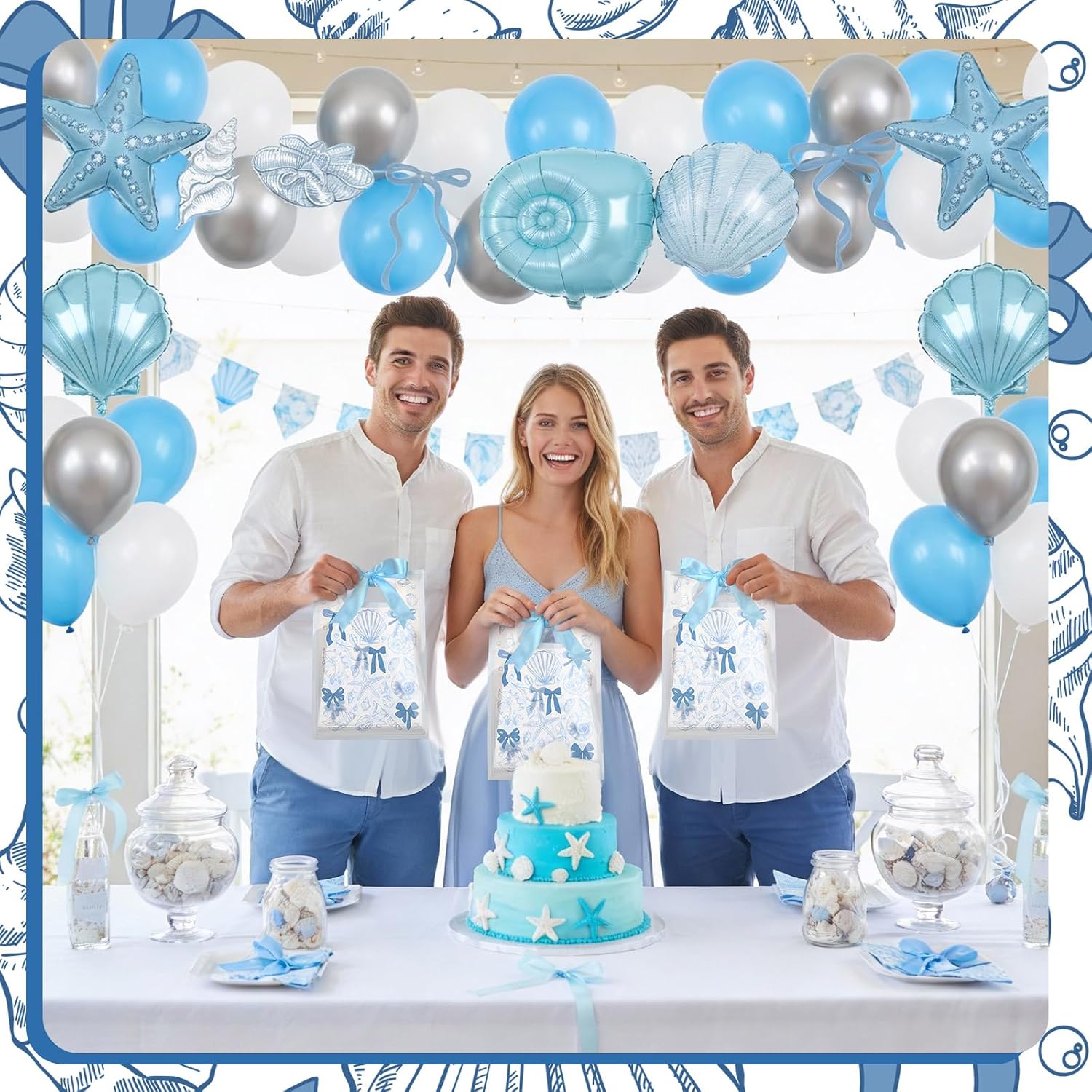 Geyoga 24 Pcs Seashell Gift Bags for Party Favors Clear Reusable PVC Treat Goodie Bags with Handles and Ribbon for Baby Shower Birthday Wedding Supplies Decors, 7x10x3.15 Inch
