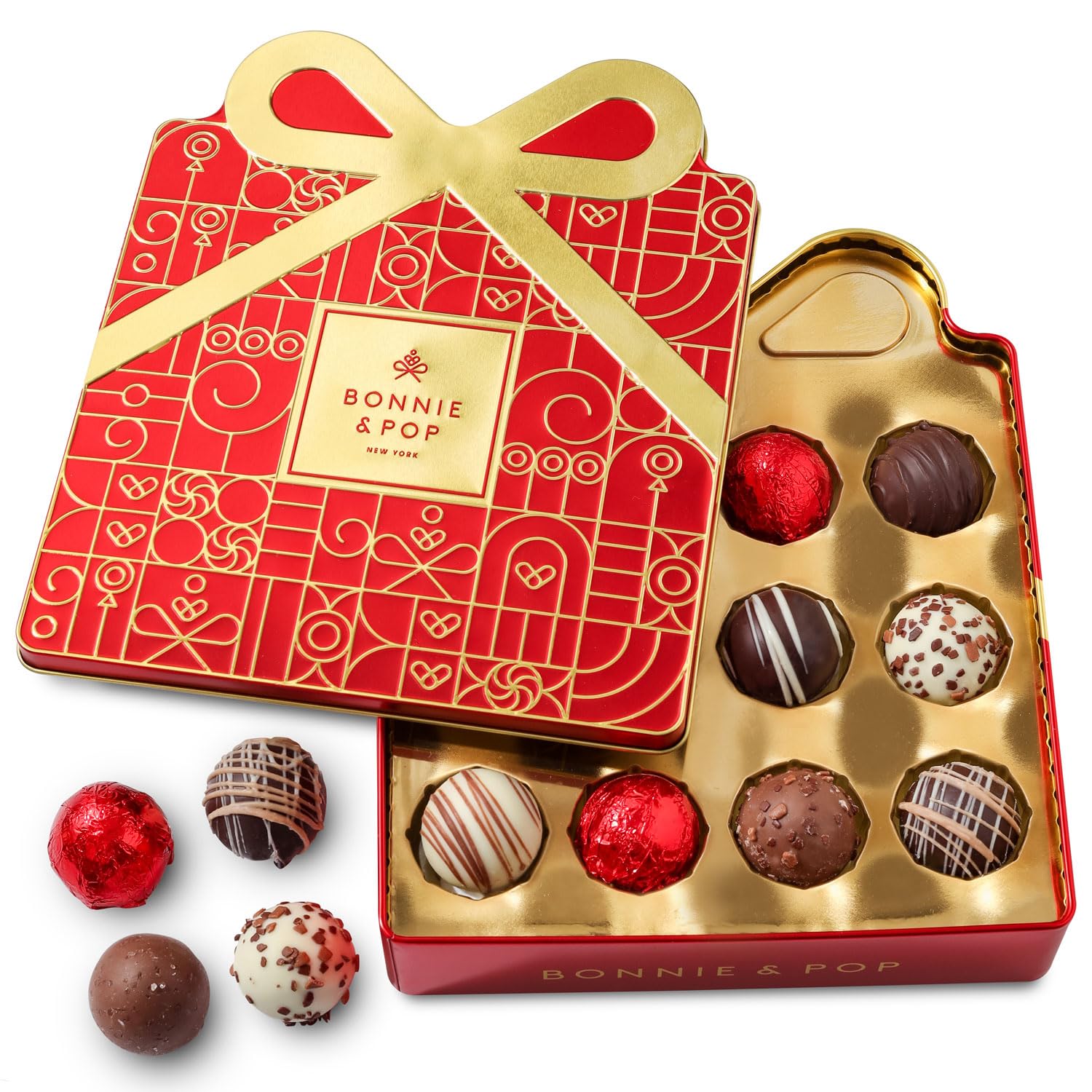 Christmas Chocolate Gift Basket, Candy Food Gifts Arrangement Platter, Gourmet Snack Gift Bow Tin Box, Present Idea, Stocking Stuffer, Corporate Him & Her, Men Women Family Parties- Gourmet Belgian Truffles- Red- Bonnie & Pop