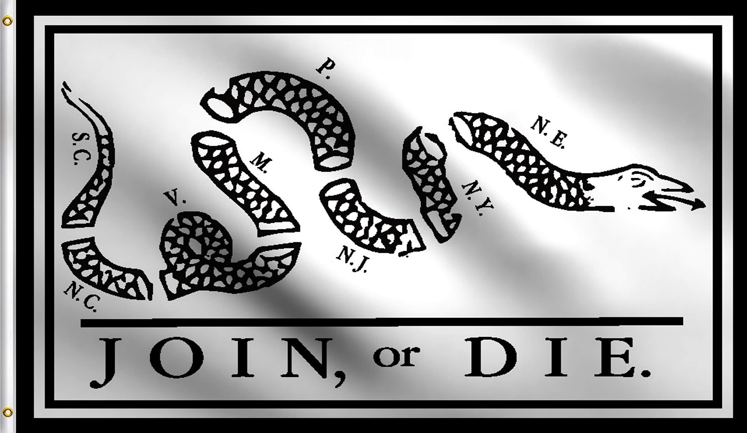 DMSE Join Or Die (White) Revolutionary War Benjamin Franklin Historic Flag 3X5 Ft Foot 100% Polyester 100D Flag UV Resistant (3' X 5' Foot)