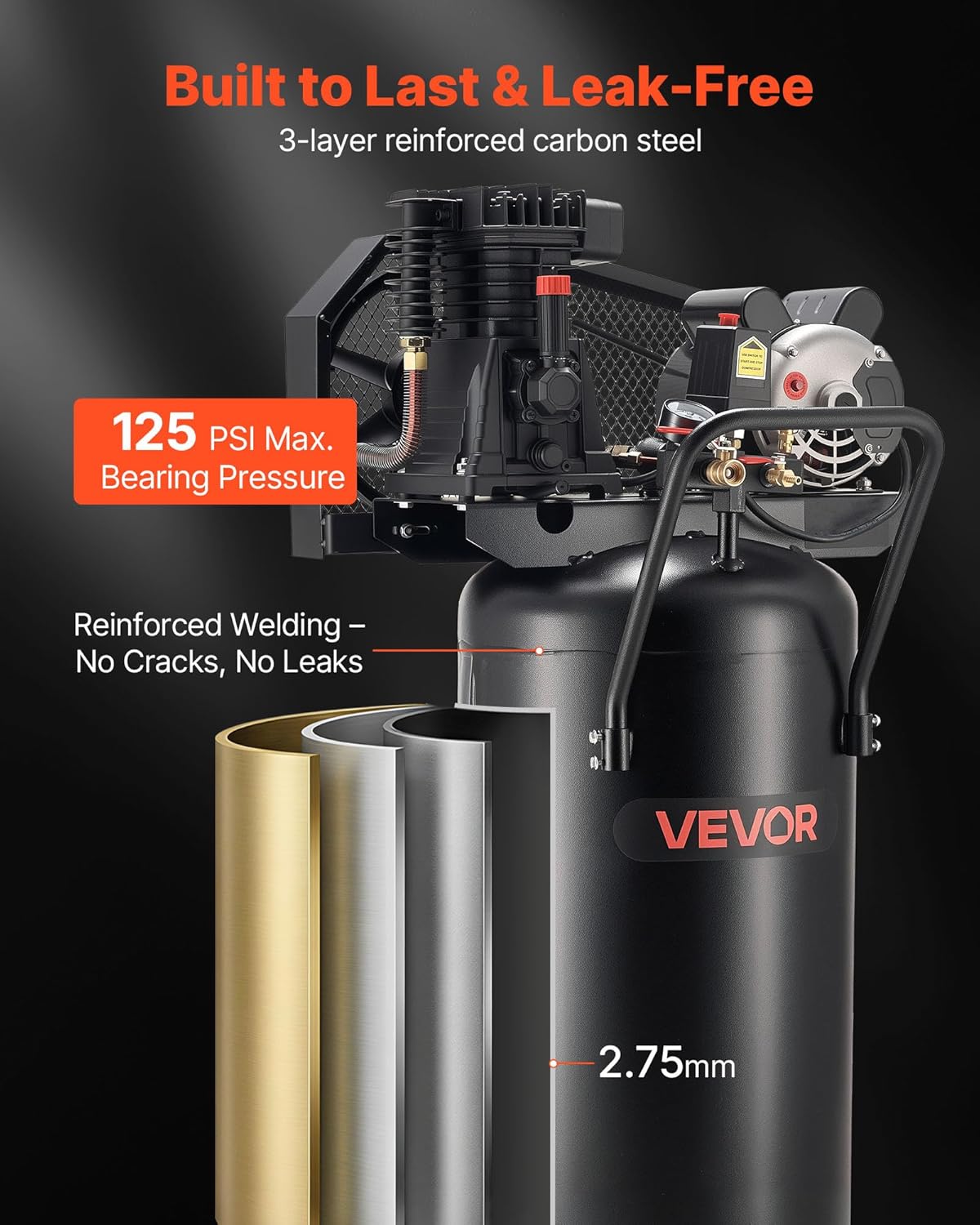 VEVOR 30-Gallon Air Compressor, 2HP 5.3SCFM at 90PSI, Max 125PSI Pressure Oil-Lubricated Air Compressor Tank, Portable on Wheels for Auto Repair, Tire Inflation, Spray Painting, Woodwork Nailing, 120V