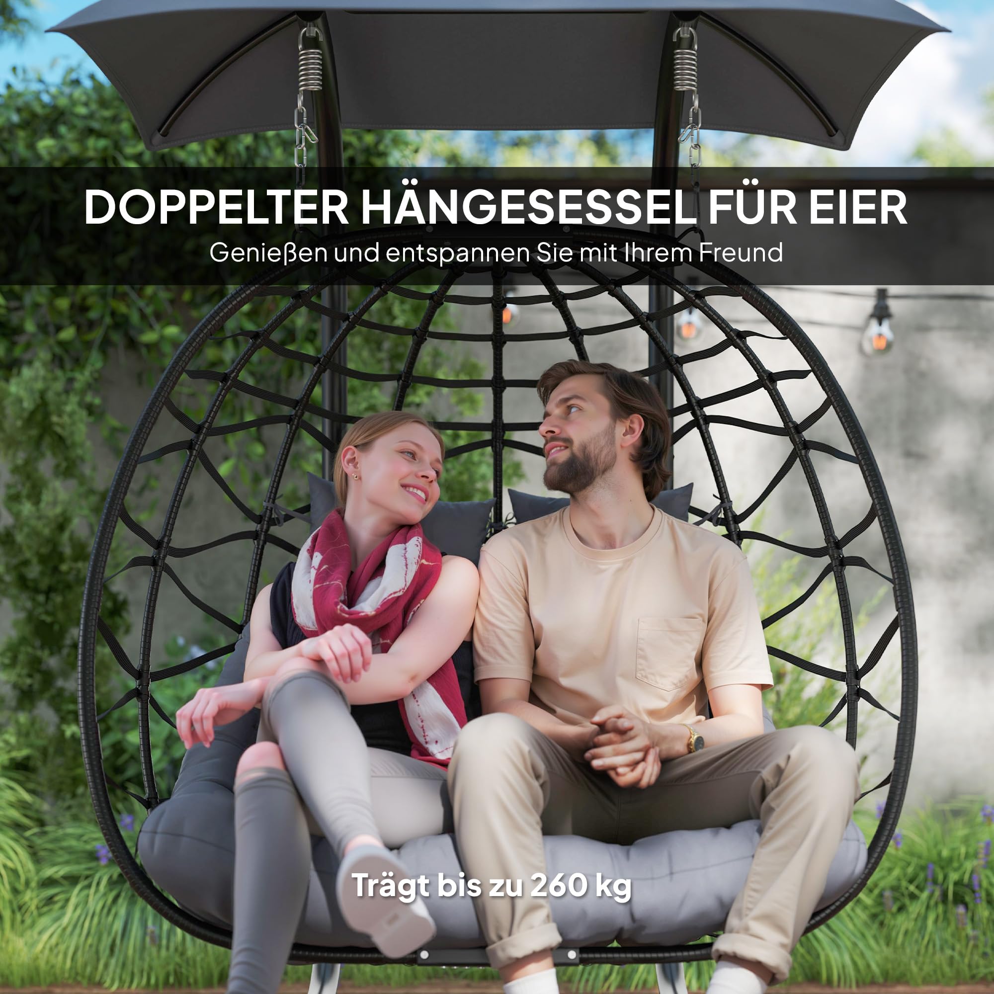 Outsunny Hängesessel mit Gestell faltbar für 2 Personen 260kg Dunkelgrau | Hängekorb mit Kissen, Sonnenschutzdach, Polyrattan Hängestuhl, Outdoor Hängeschaukel, Sessel für Balkon Terrasse