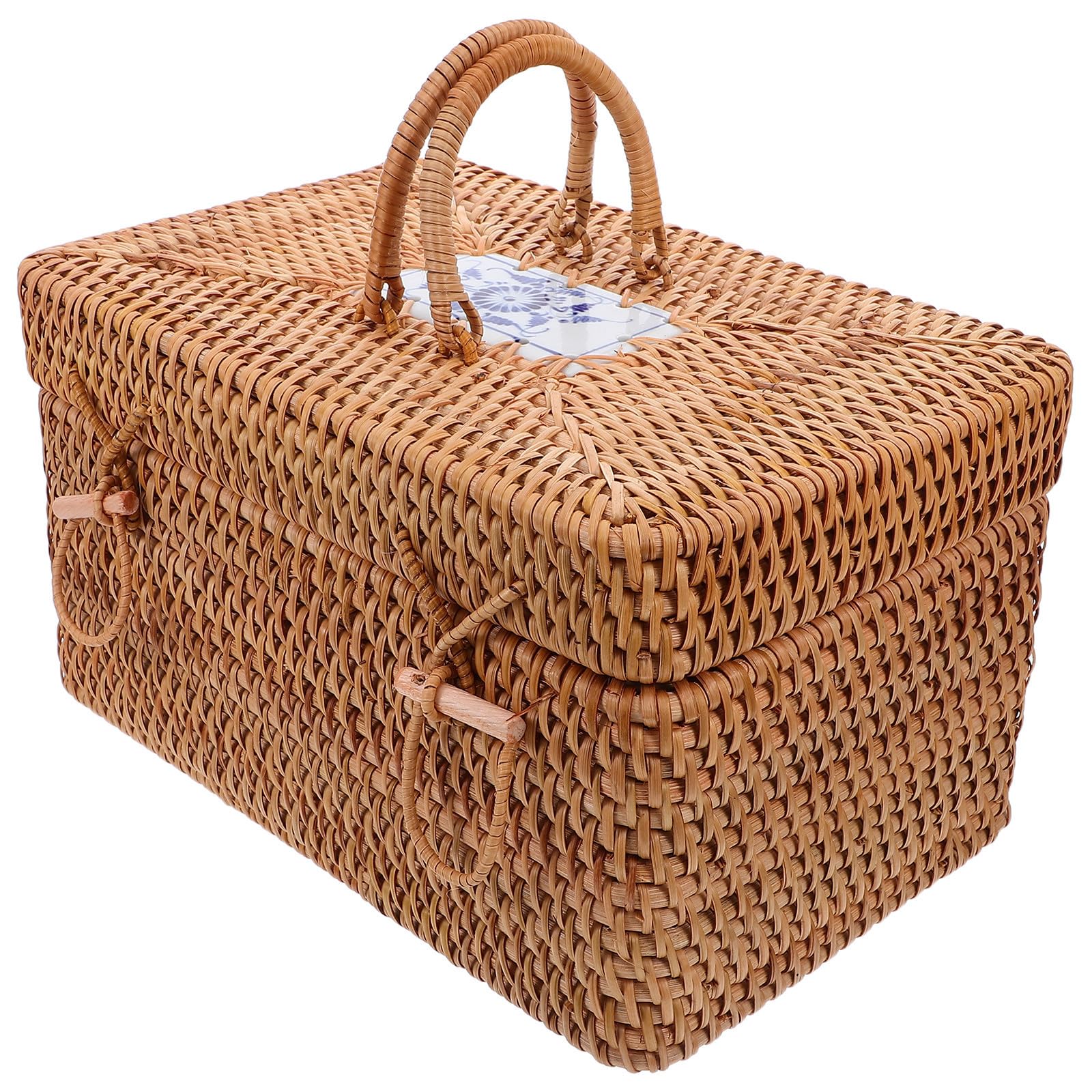 Cabilock Cesta de Almacenamiento de Ratán Tejida a Mano Caja Portátil para Frutas y Verduras con Tapa y Asa Diseño Rústico Natural Adecuado para Cocina y Camping al Aire Libre
