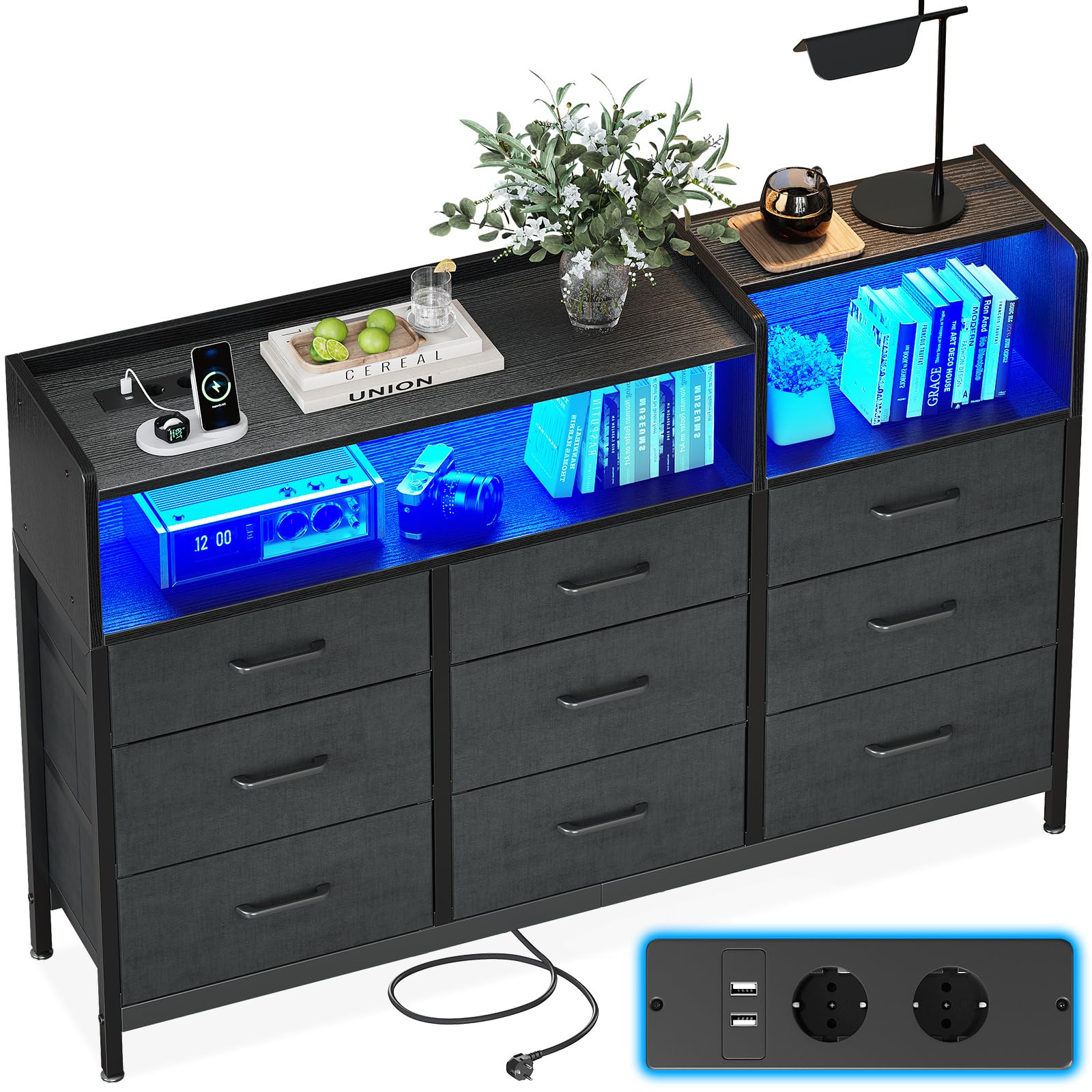 ODK Komoda z szufladami, z 2 gniazdami, 2 USB i 10 kolorowymi paskami LED, komoda z regałem, blat roboczy z 9 szufladami materiałowymi, do sypialni, salonu, 130 x 30 x 97 cm, czarna