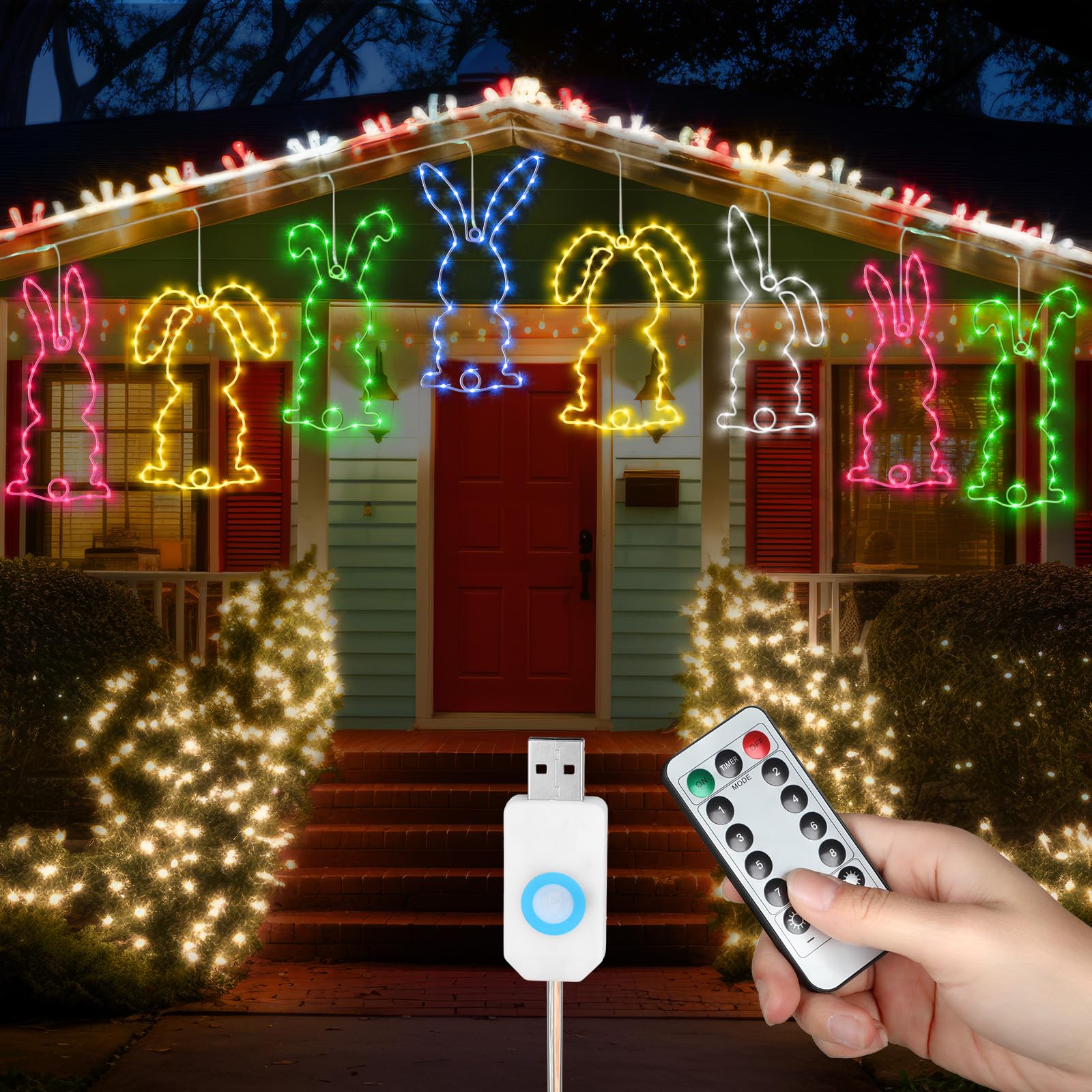 8 Pcs Easter Bunny Window Lights Outdoor Easter Decorations Easter Colorful Rabbit USB Powered 32.8ft Copper String Lights Plug In, with Remote Control for Yard Lawn Garden Party, 8 Models