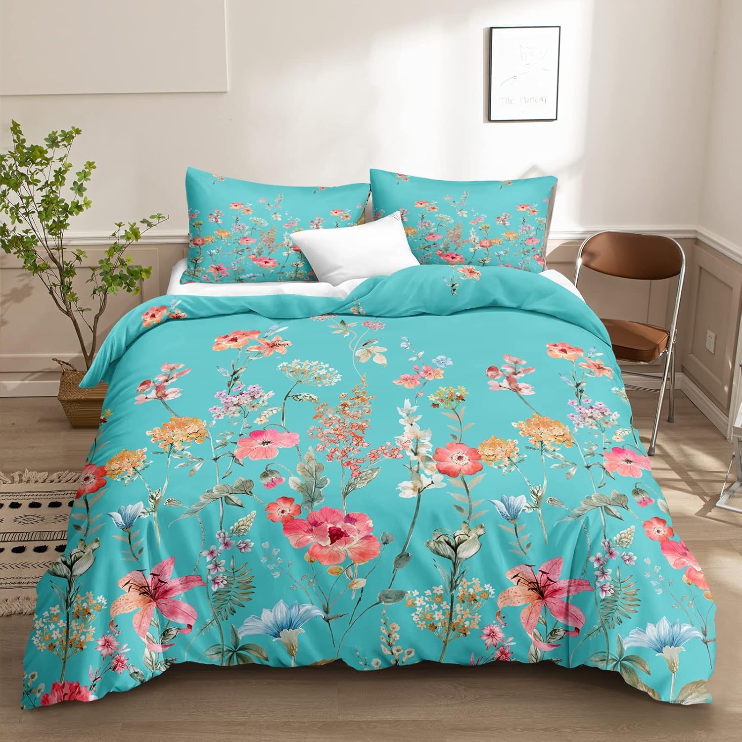Blue Floral Duvet Cover Flower Botanical Bedding Set Pink